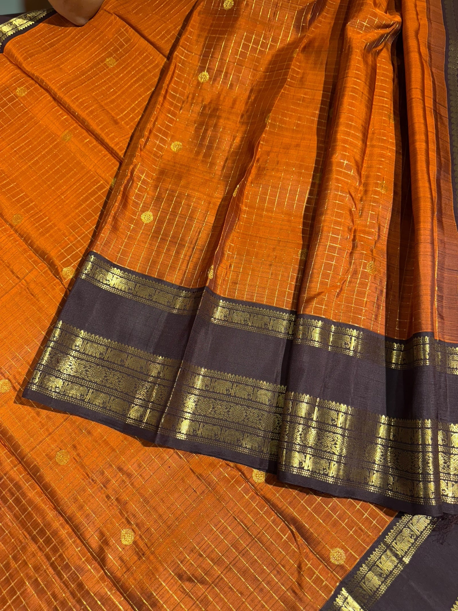 Rust Orange & Brown Combo Kanchi Vintage Checks Saree