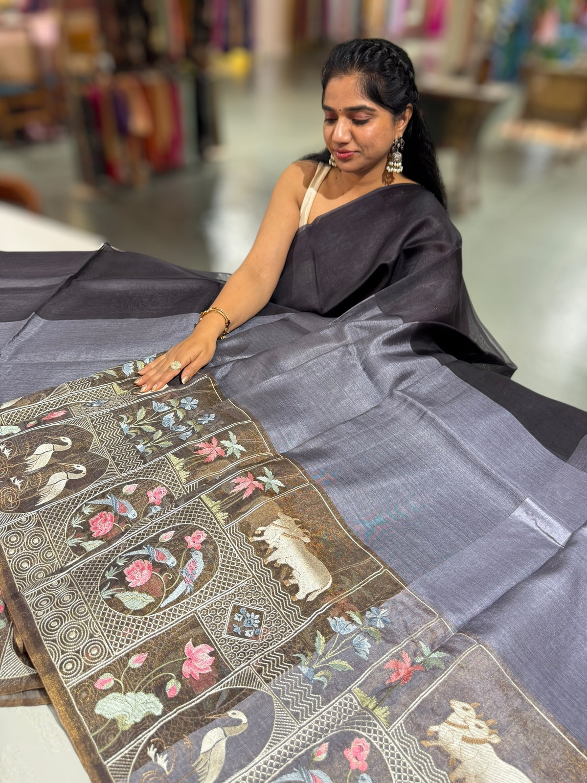 Black Kora-Tussar blend Handloom Saree with Tissue embroidered Skirt Border