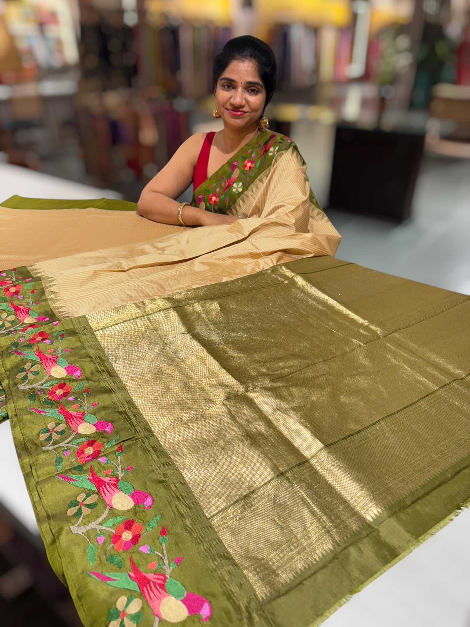 Beige kanchi vintage checks soft silk saree with pythani inspired parrot embroidered border