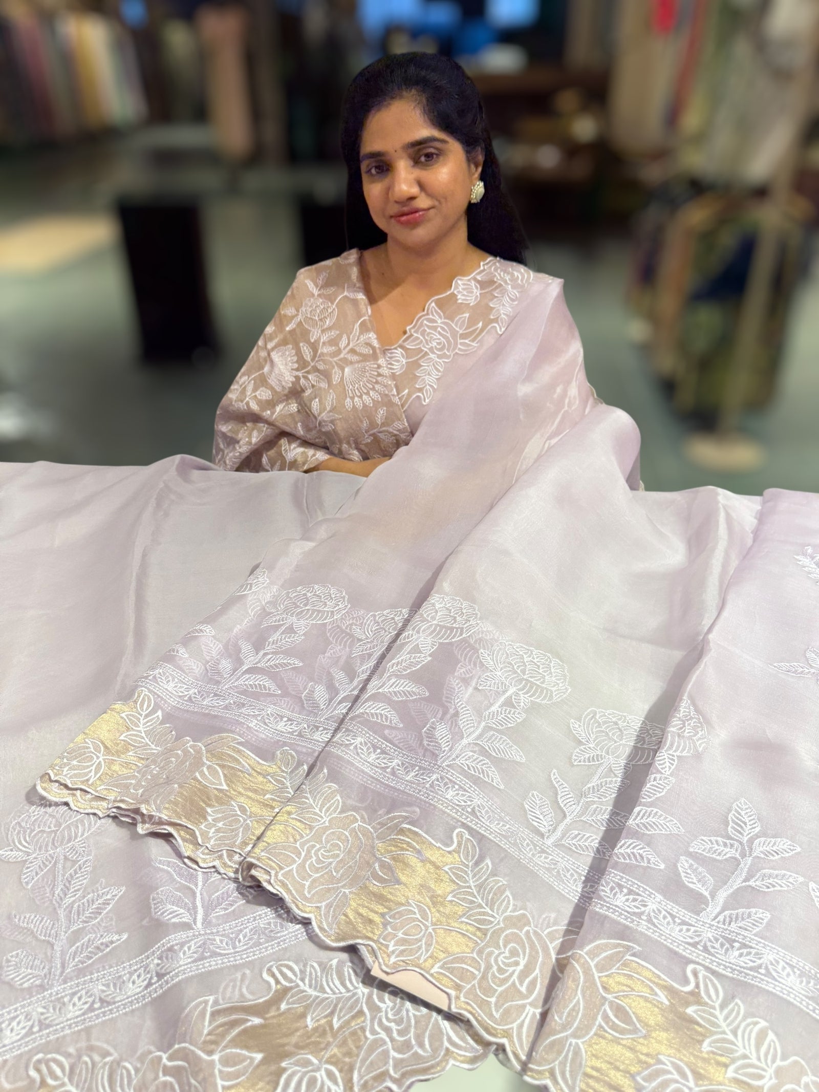 Lilac Organza saree with heavy embroiderey