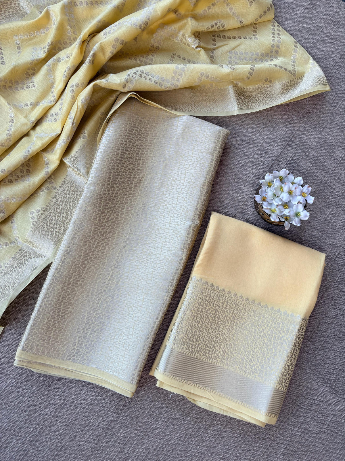 Besan Yellow Banarasi Mul Silk Brocade 3-pc Sharara Suit set : SS62J17