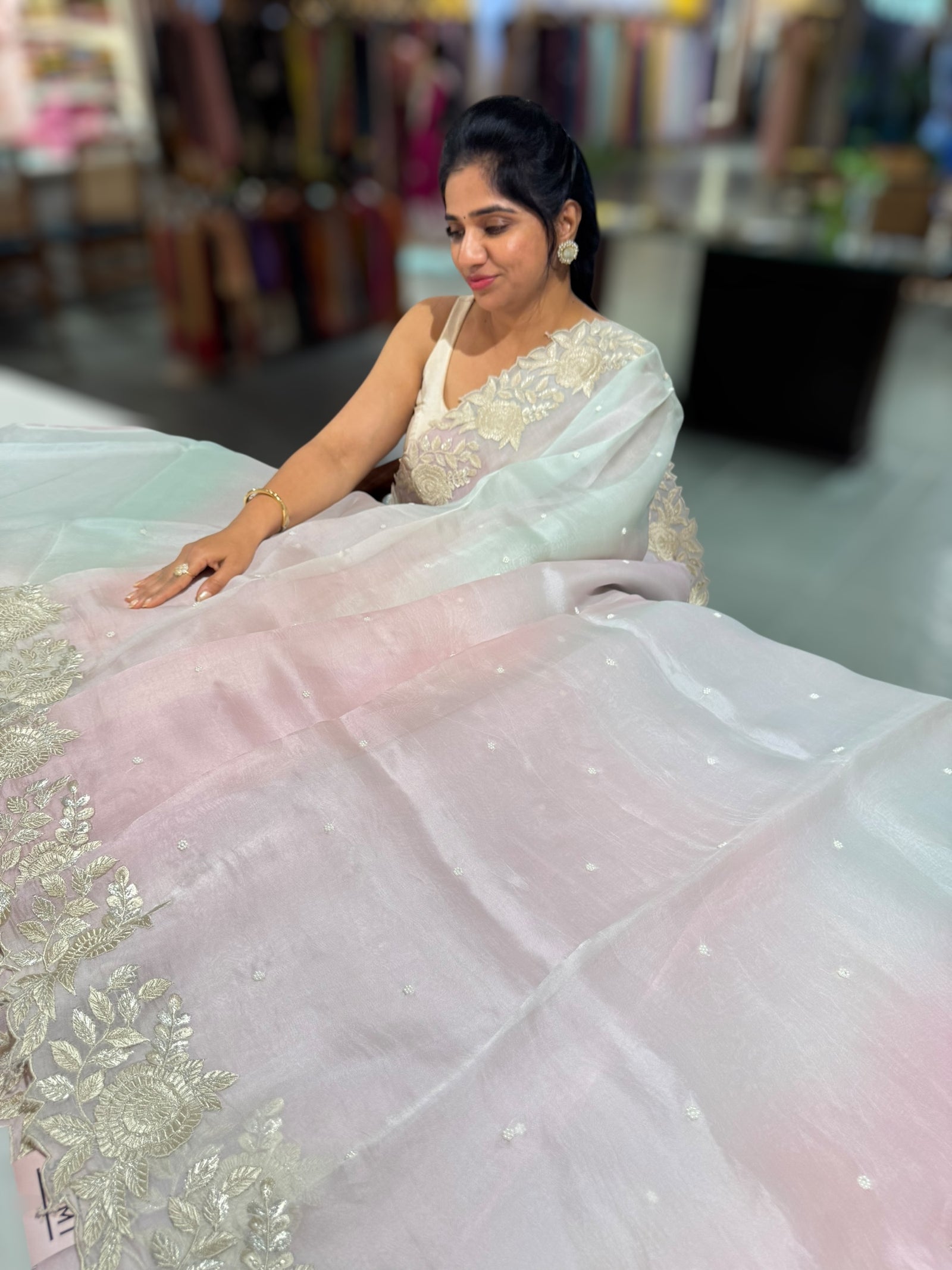 Ombre dyed Pure Organza Saree with parsi gara embroidery