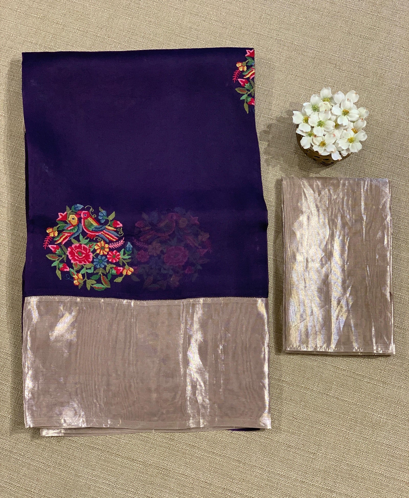 Violet Organza Saree with pure Tissue Border