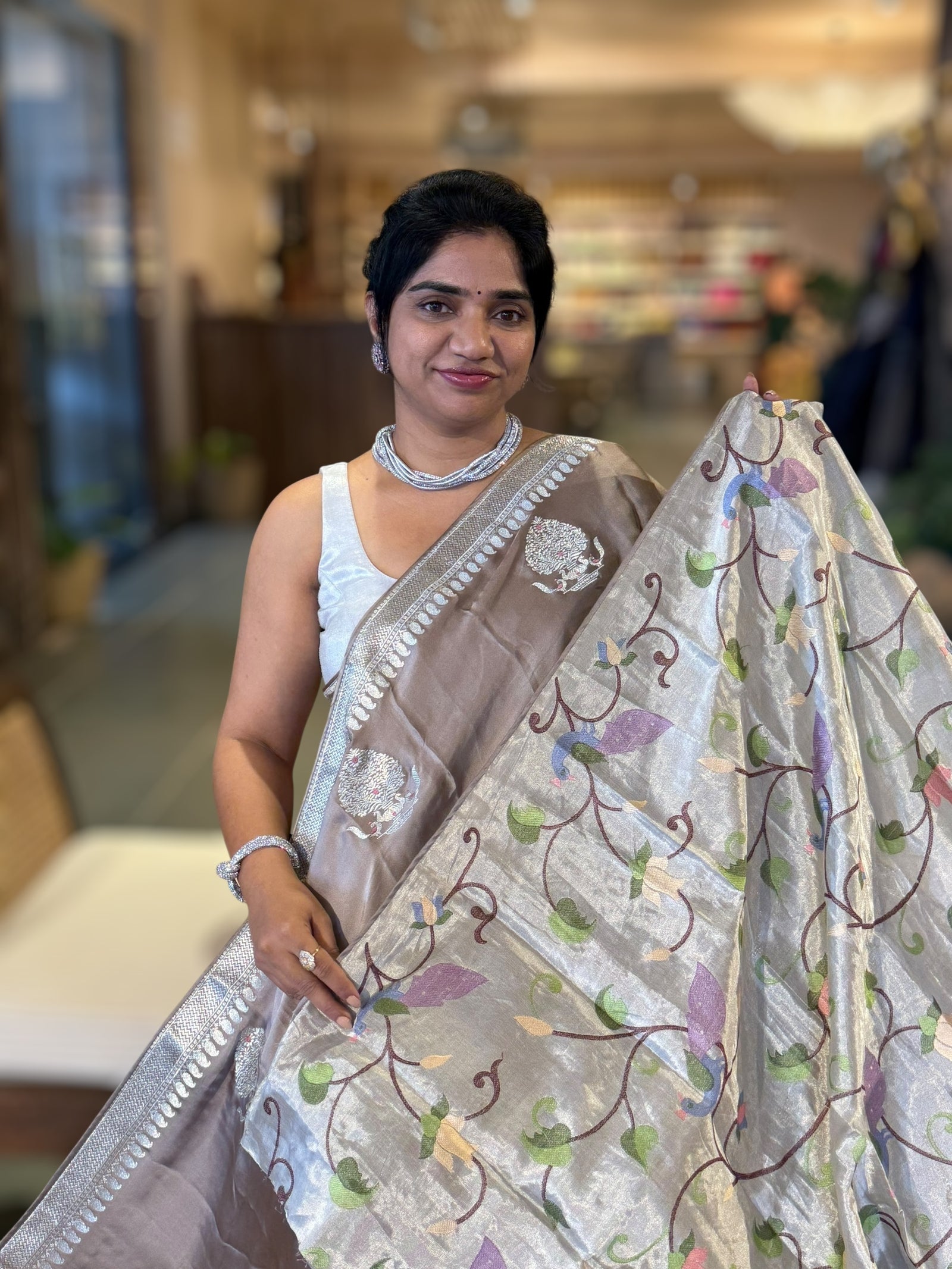 Earthy Tone Satin Saree with Embroidery.