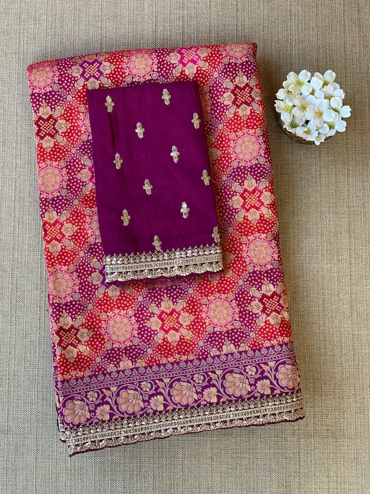 orangish Red & Wine Banarasi bandhini georgette