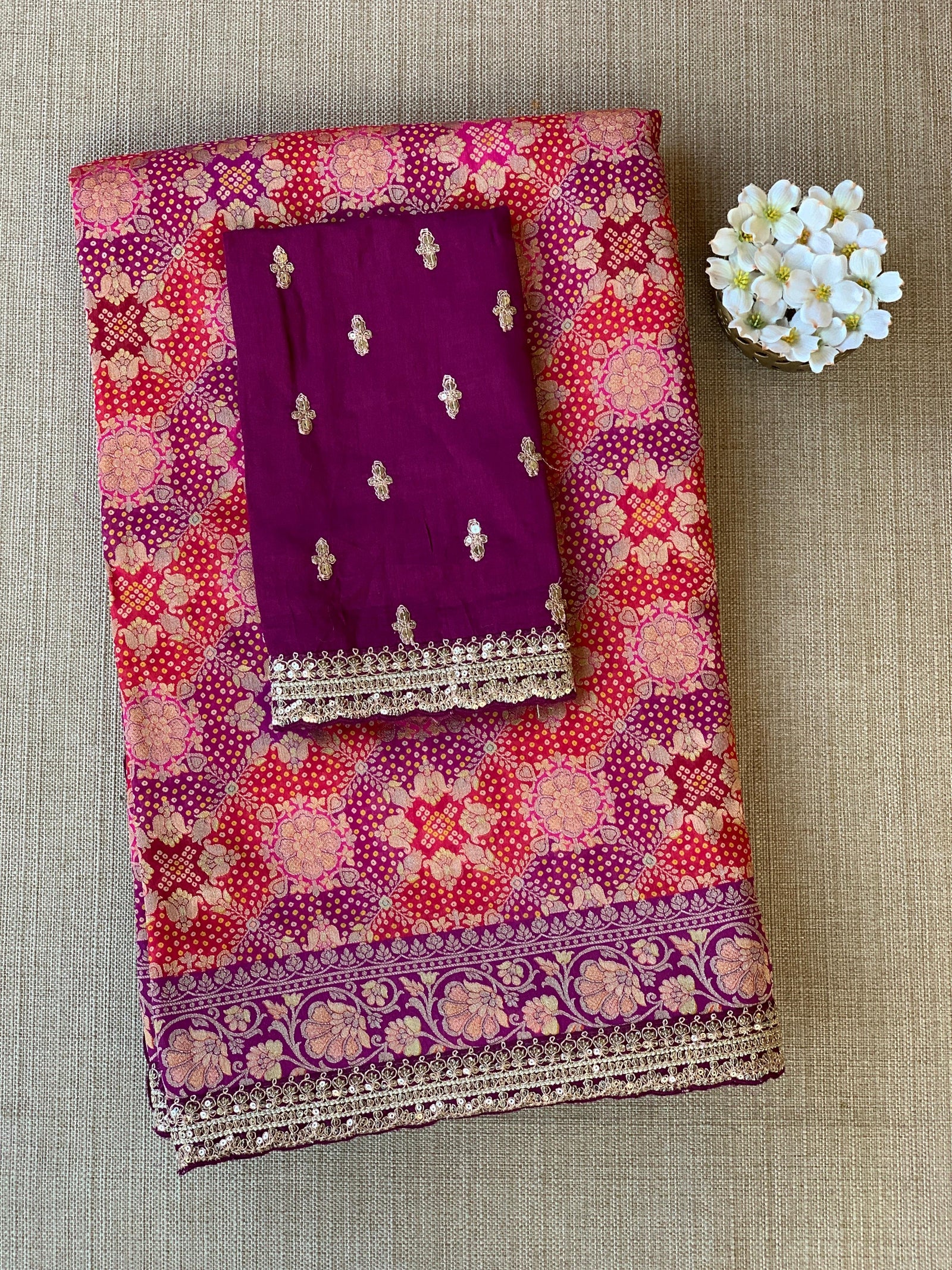 orangish Red & Wine Banarasi bandhini georgette