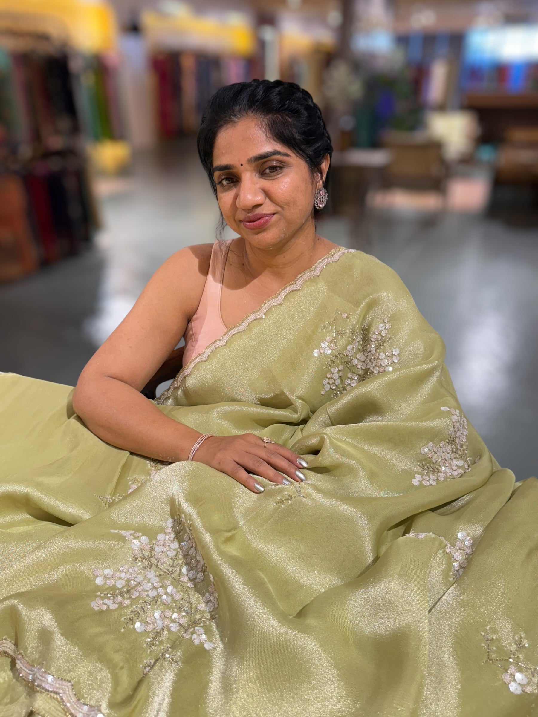 Tissue Gorgette Saree With Handwork Border and Blouse.