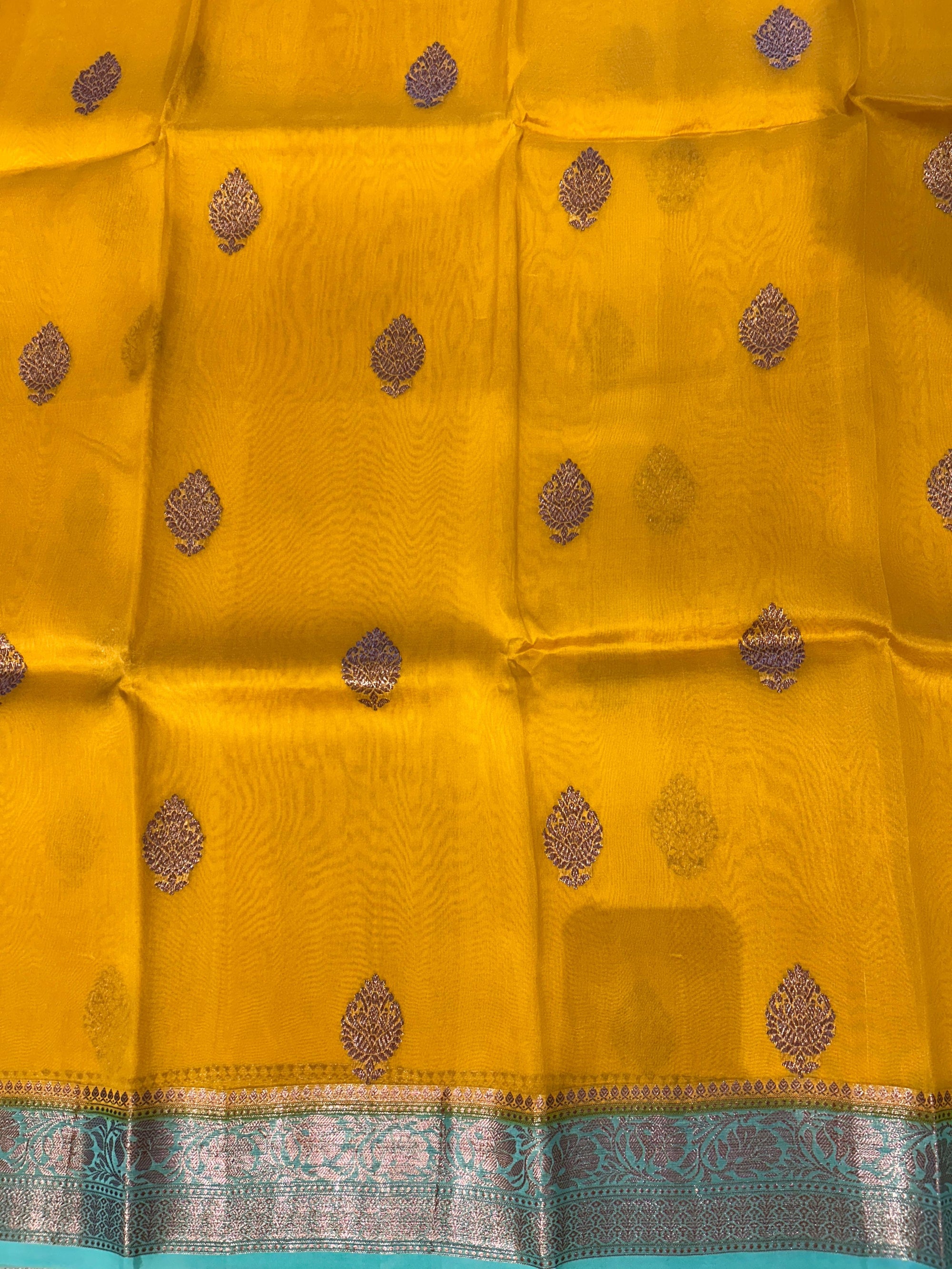Mustard and teal combo Pure Handloom premium Kora Banarasi Saree