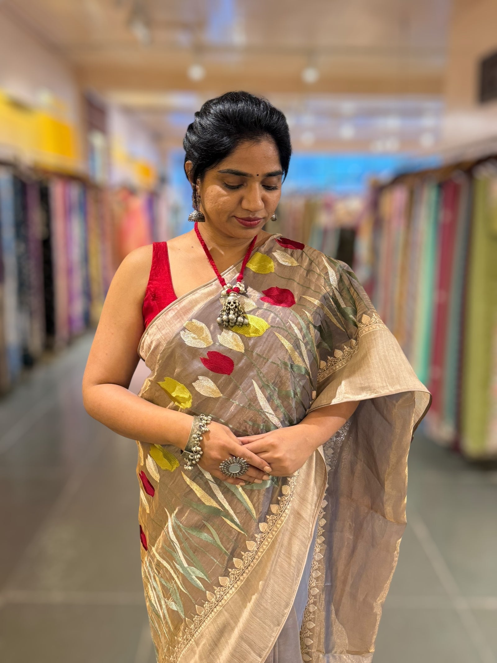 Violet Designer Handloom Tissue Saree With Tulip embroidery