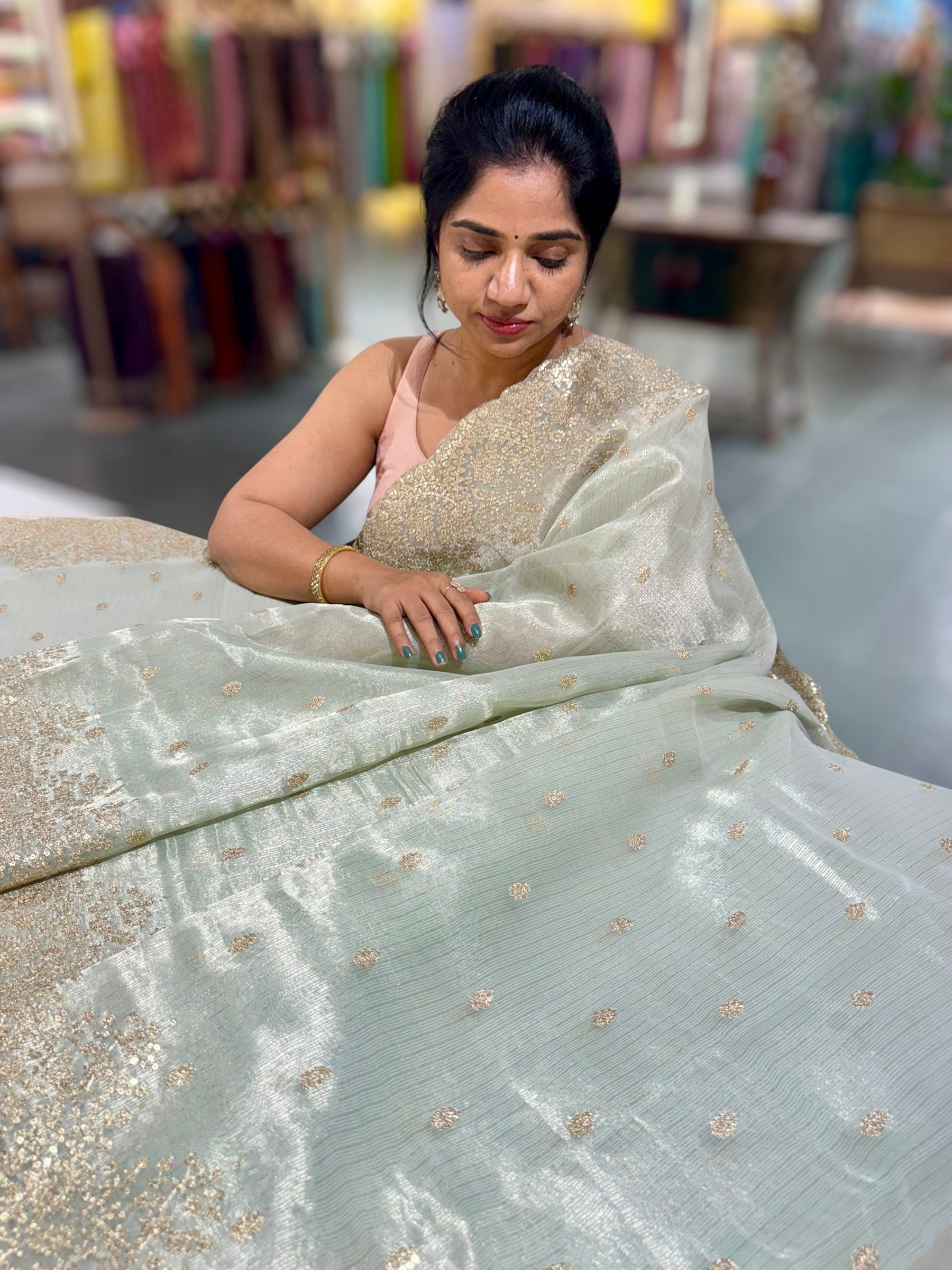 Mint Blue Tissue Saree with Heavy Sequence Embroidered Scallop Border