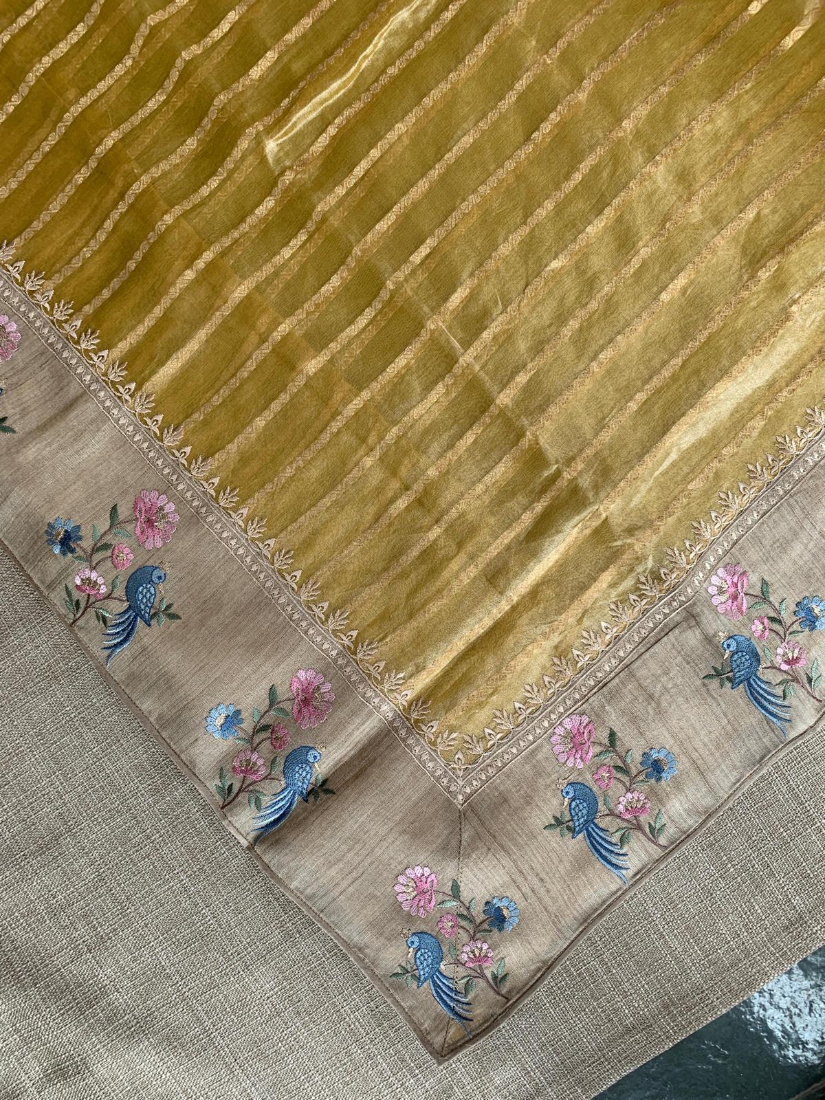Yellow Pure Handloom Tissue Saree with pure Tussar embroidered border