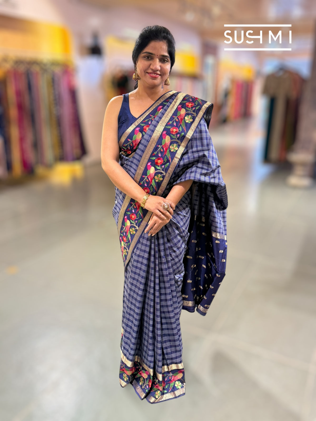 Midnight Blue Vintage checks Kanjeevaram soft silk saree with embroidery D62F040