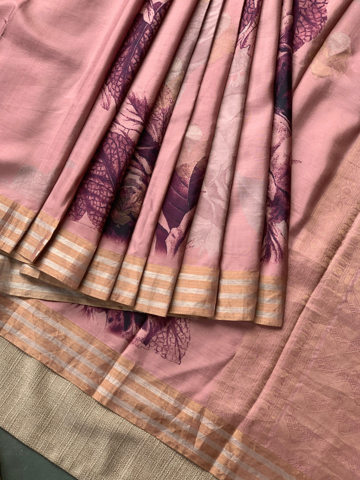 Onion Pink Printed Kanchi Soft Silk Saree with Bold Rose Flower Print.