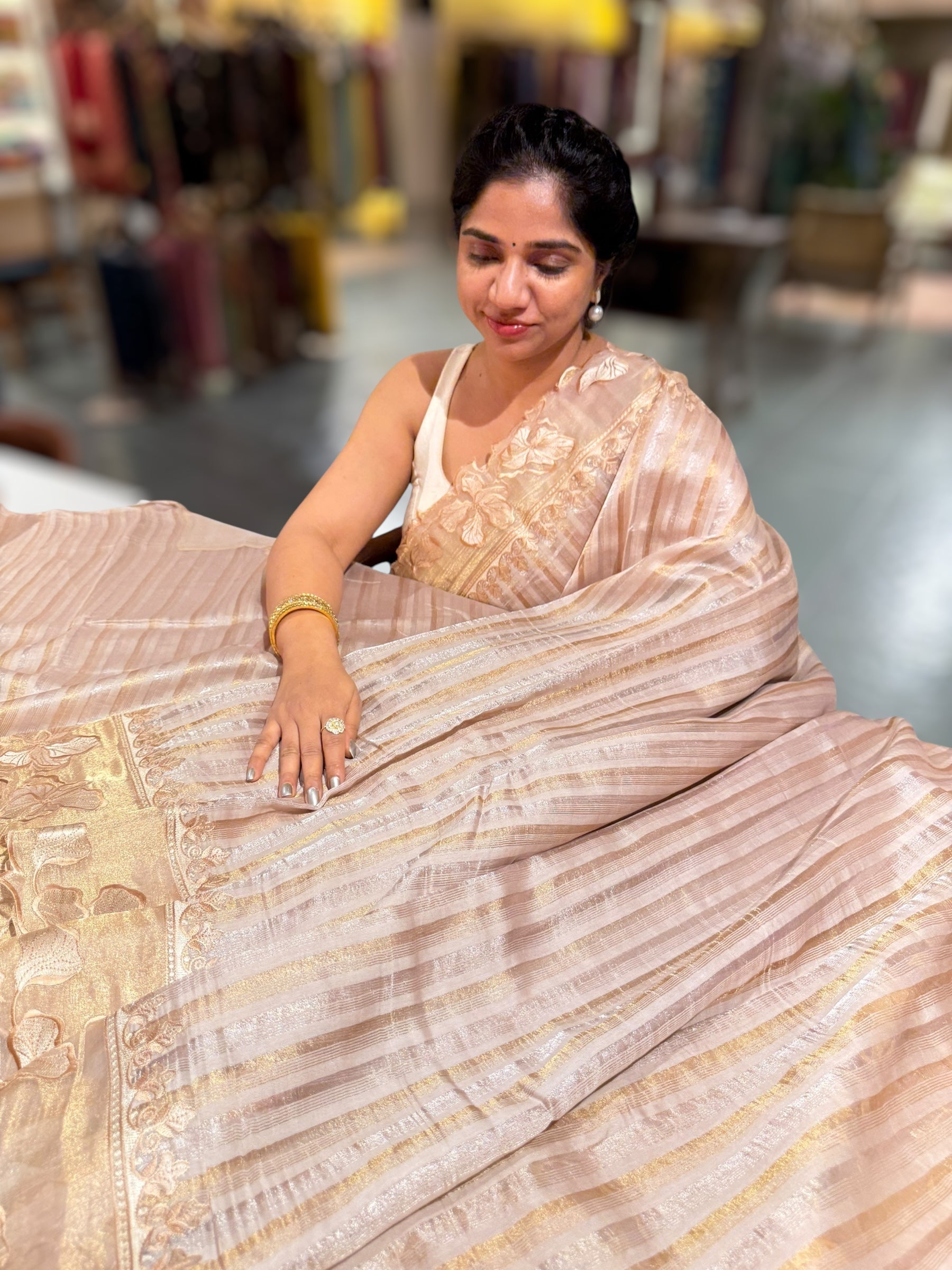 Golden Beige Mul Tissue Stripes Saree With Tissue Cutwork  Border & Blouse