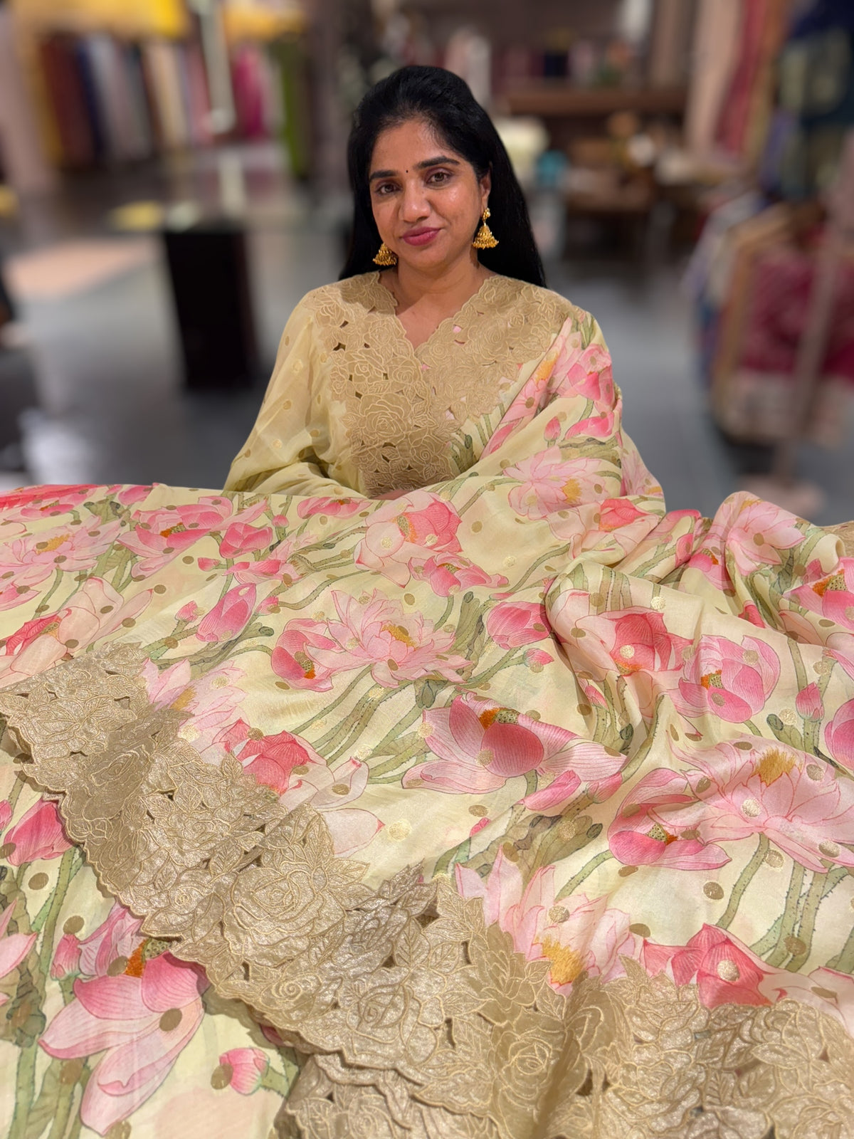 Mint Banarasi Munga Printed Tussar Khaddi With Tissue cutwork Rose Border