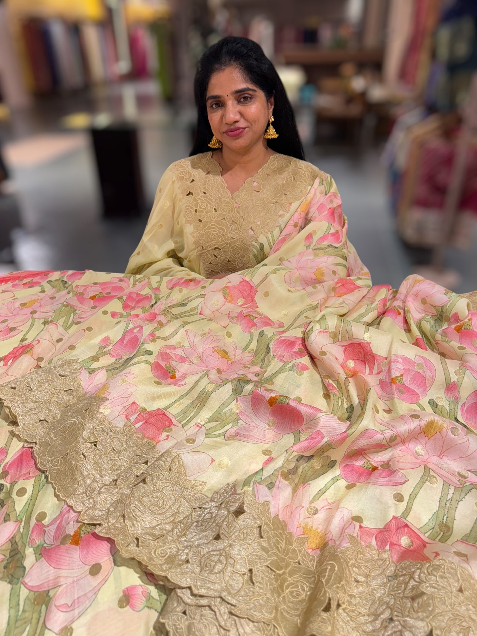 Mint Banarasi Munga Printed Tussar Khaddi With Tissue cutwork Rose Border