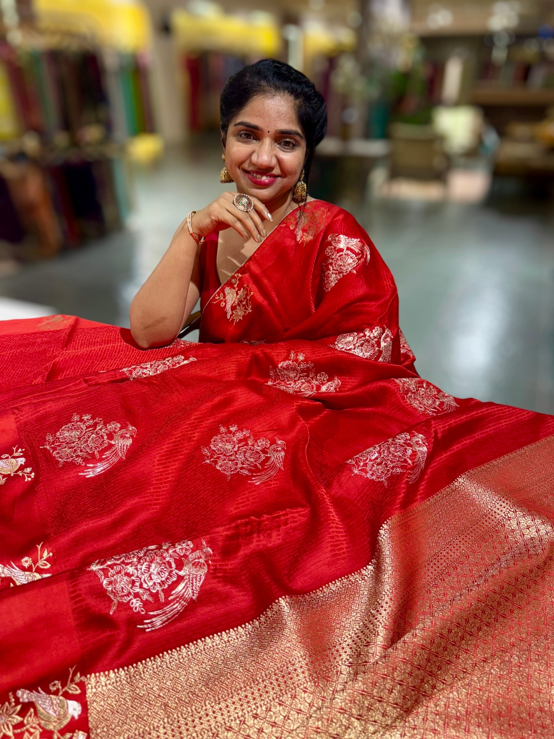 Orangish Red Designer Mashru Silk Saree