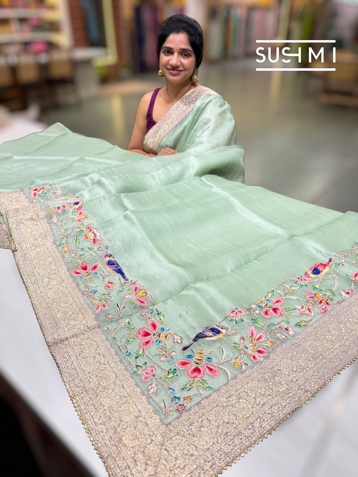 Mint Organza Banarasi Fusion Saree with Bird Appliqué : SM021