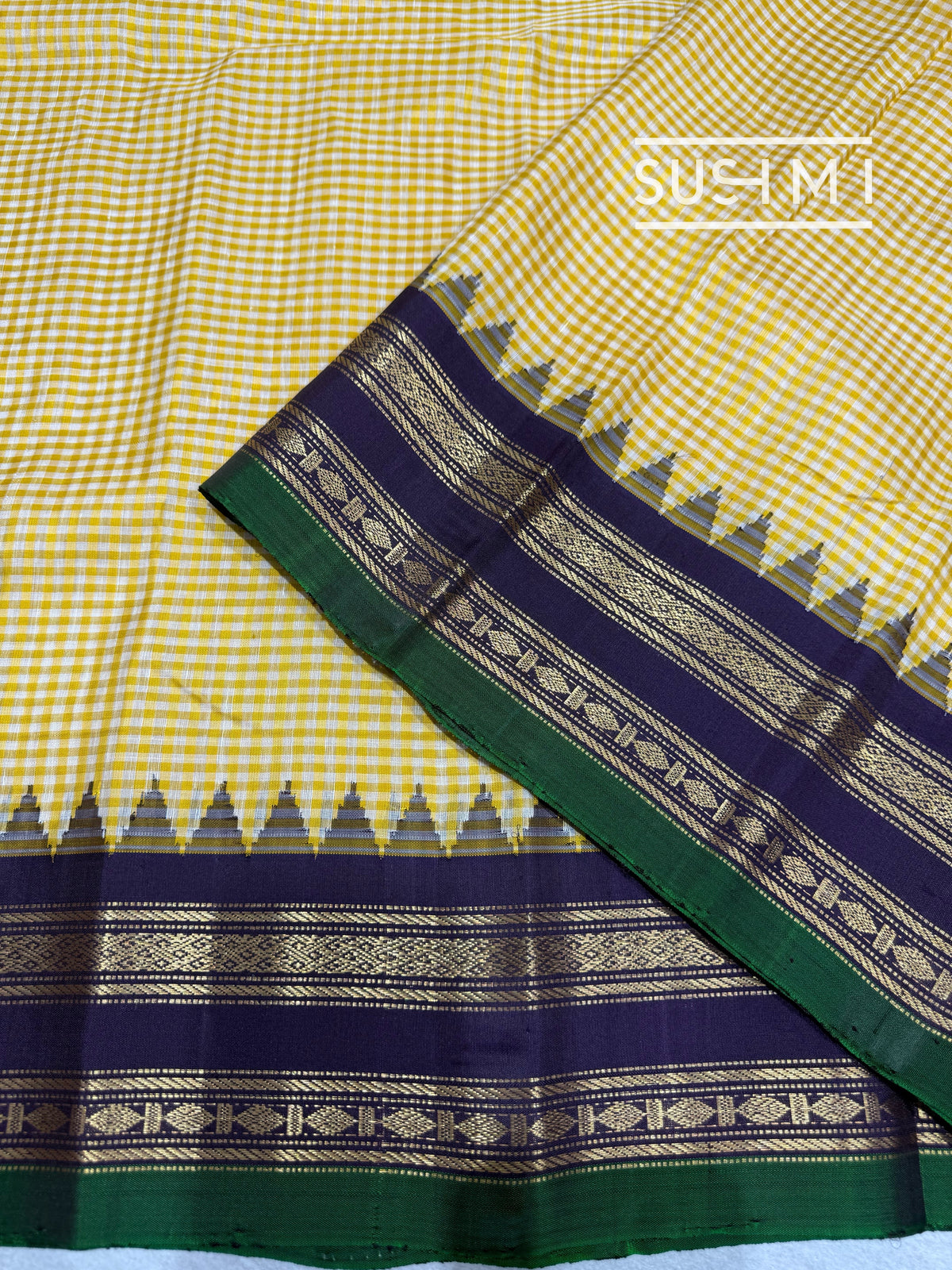 Ivory & lemon yellow vintage checks jute Gadwal Silk Saree : S62F217