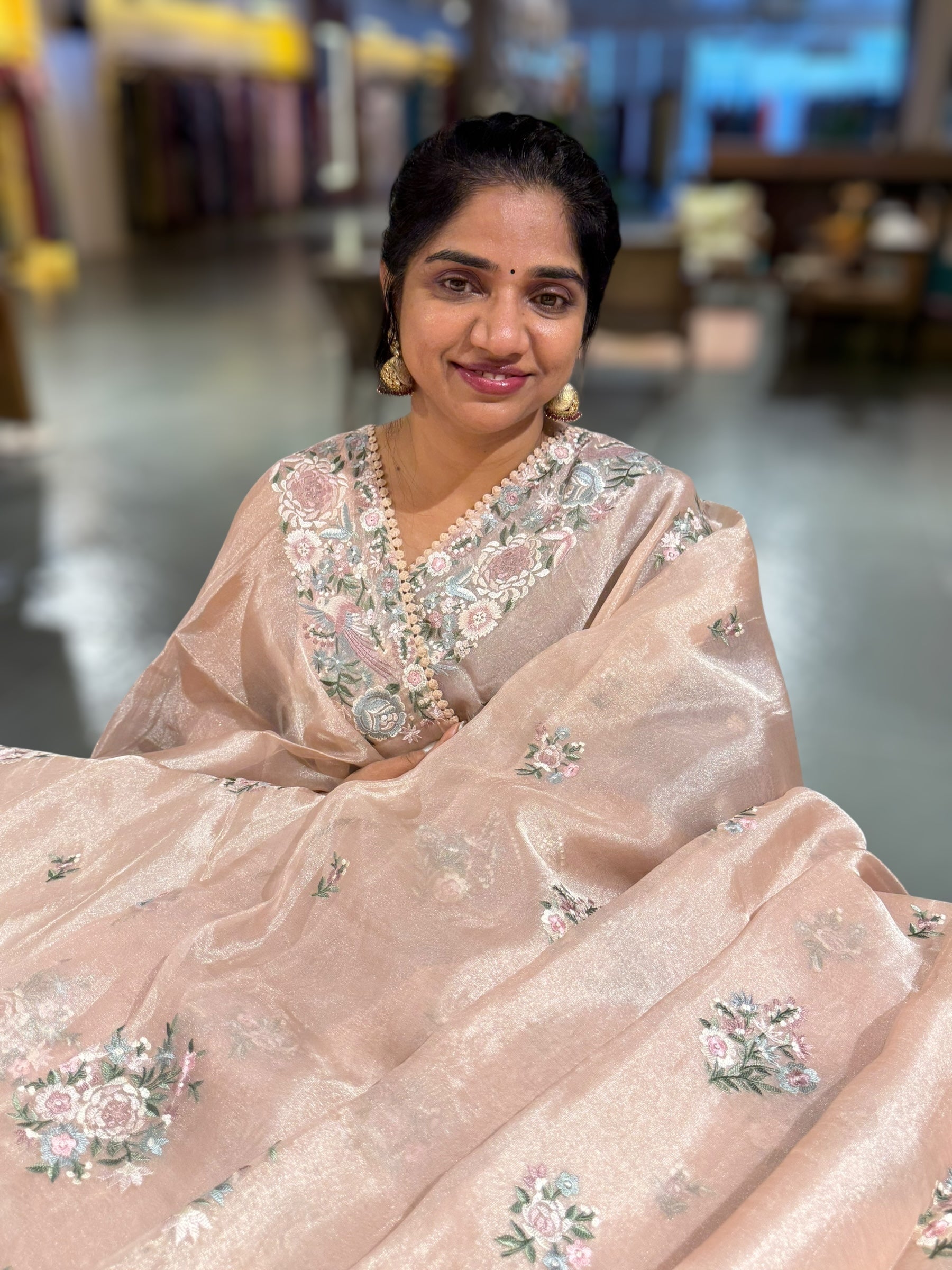 Pastel Pink Pure Tissue Saree With Parsi Gara Embroidery