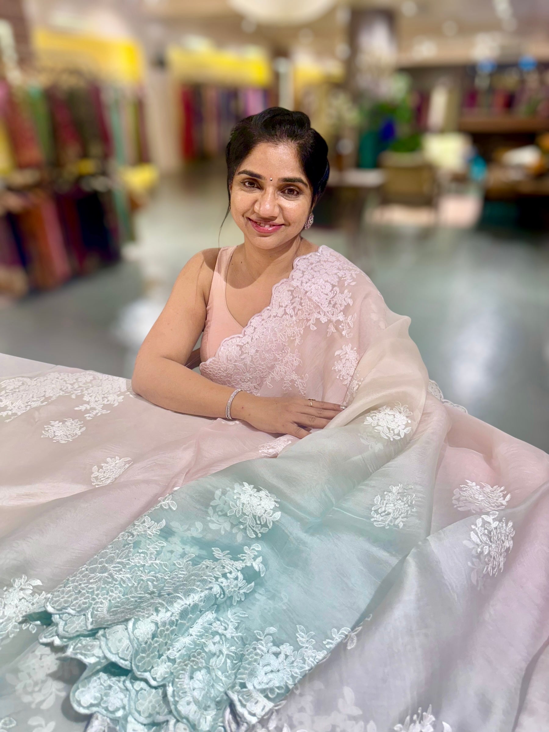 Pure Organza  Ombre Dyed Saree With allover Embroidery