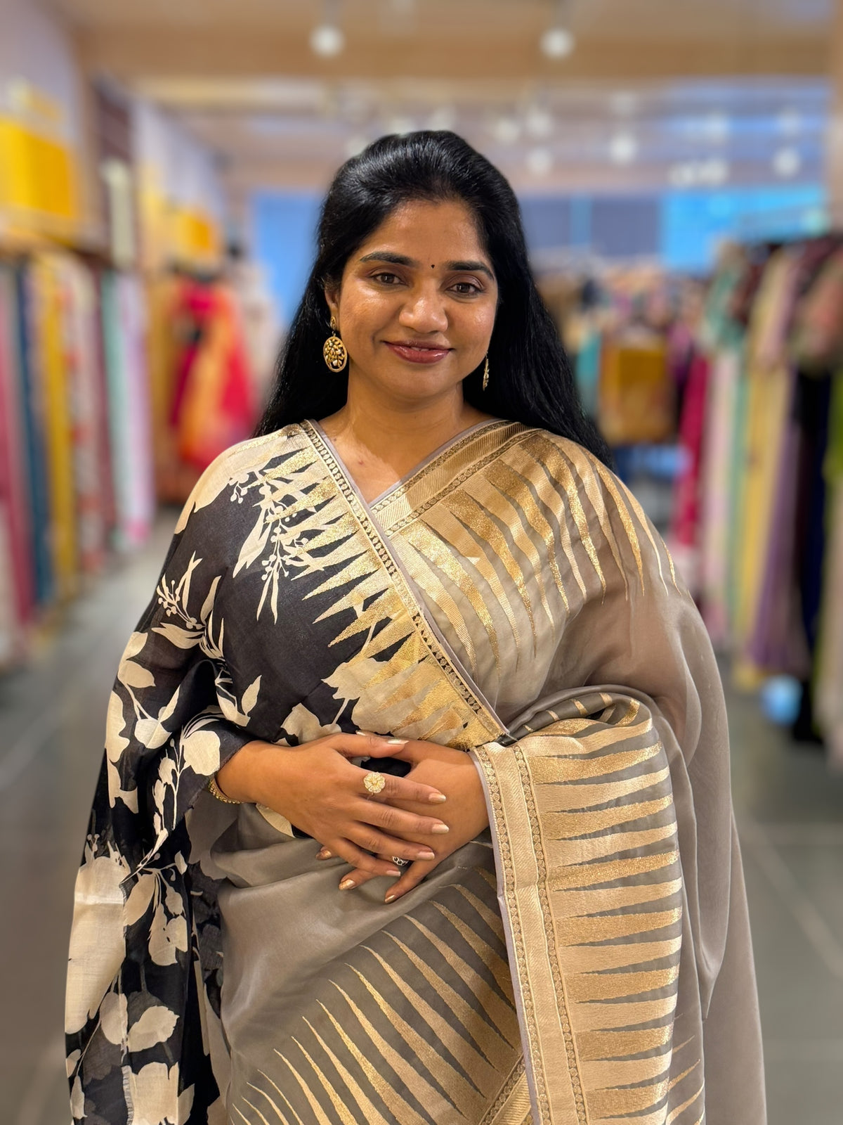 Grey Pure Organza With Temple Embroidered Border & Tussar Printed Blouse