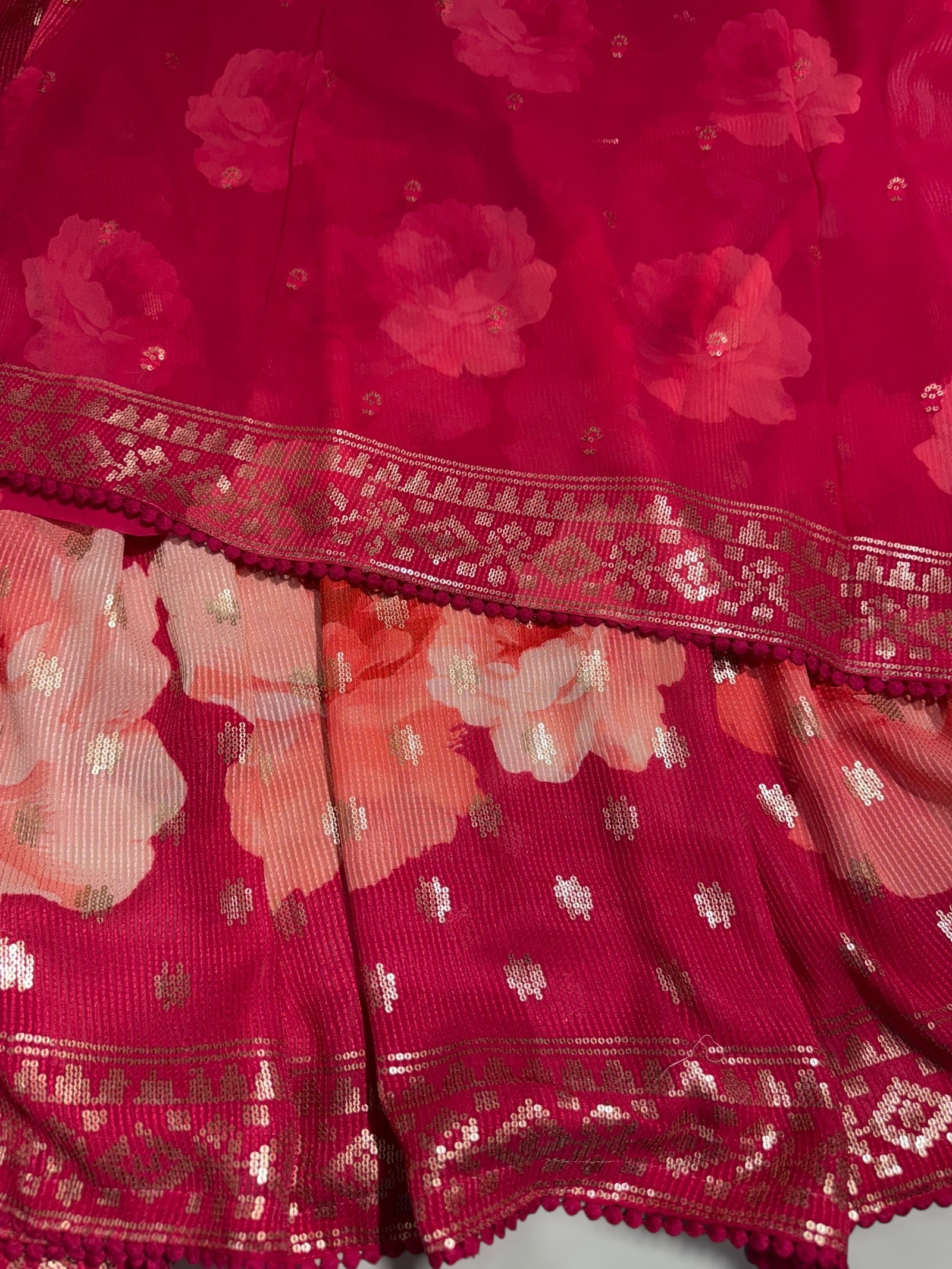 Reddish Pink georgette sequence saree with statement floral print