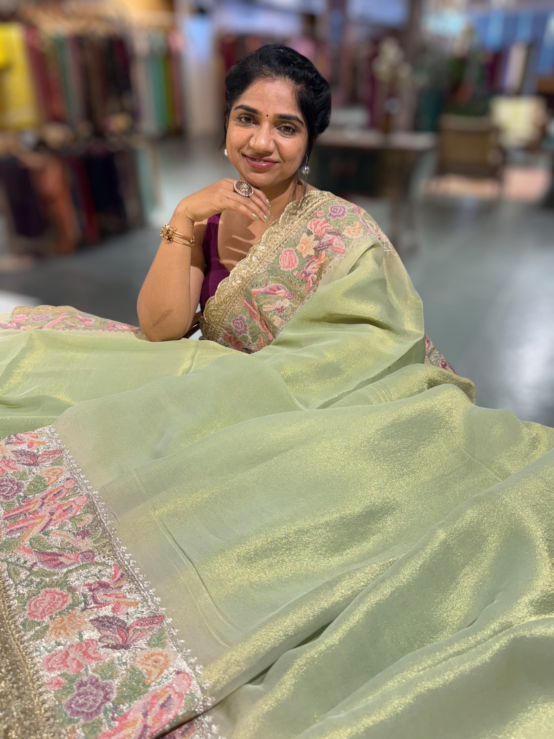Light Apple Green Tissue Gorgette Saree With Petite Point Embroidered Border