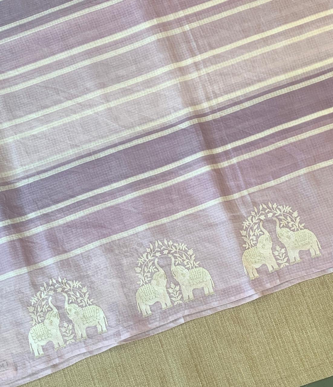 Lilac Designer Silk kota saree with elephant embroidered border