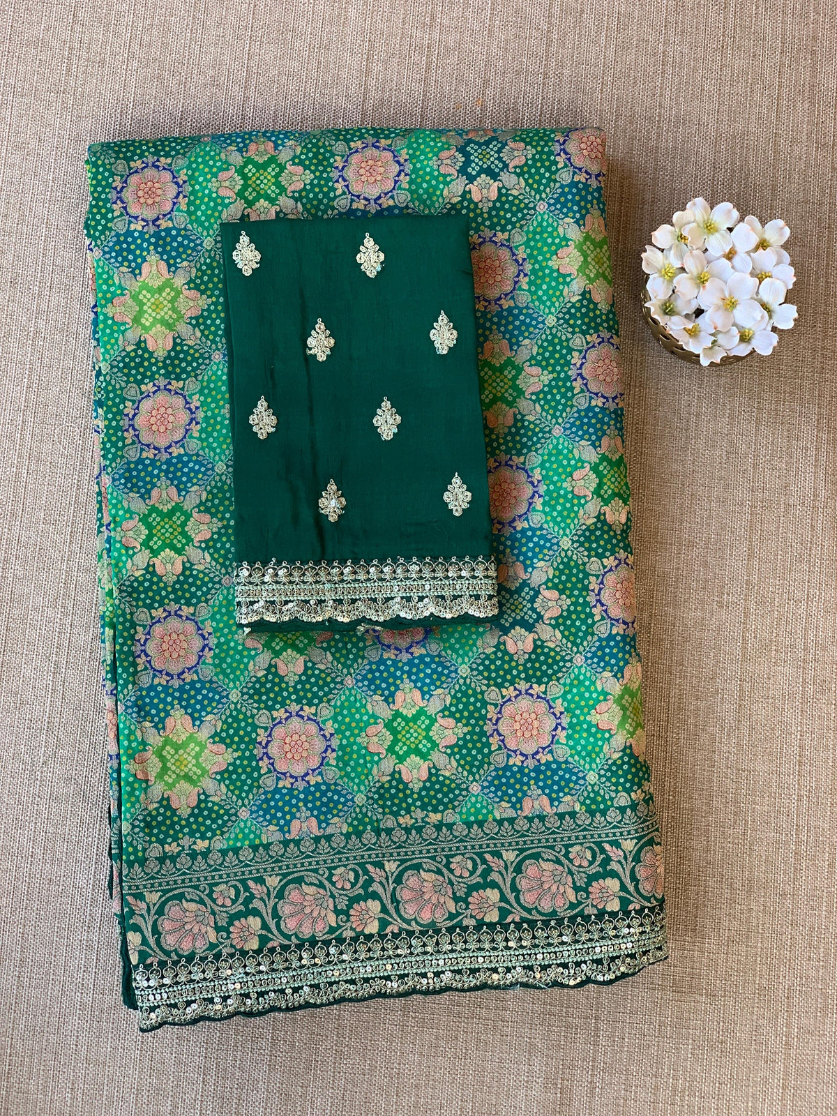 Emerald Green & Blue Banarasi bandhini georgette