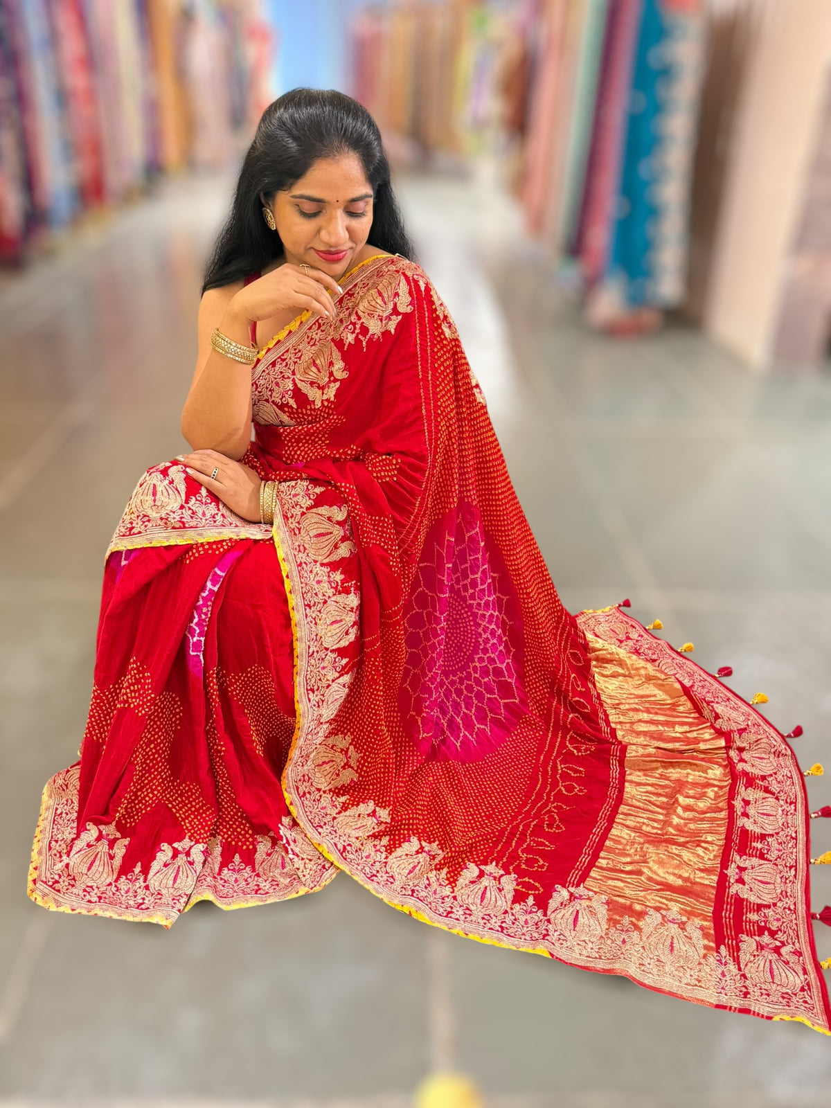 Red Rai bandhej Saree With Embroidered Border