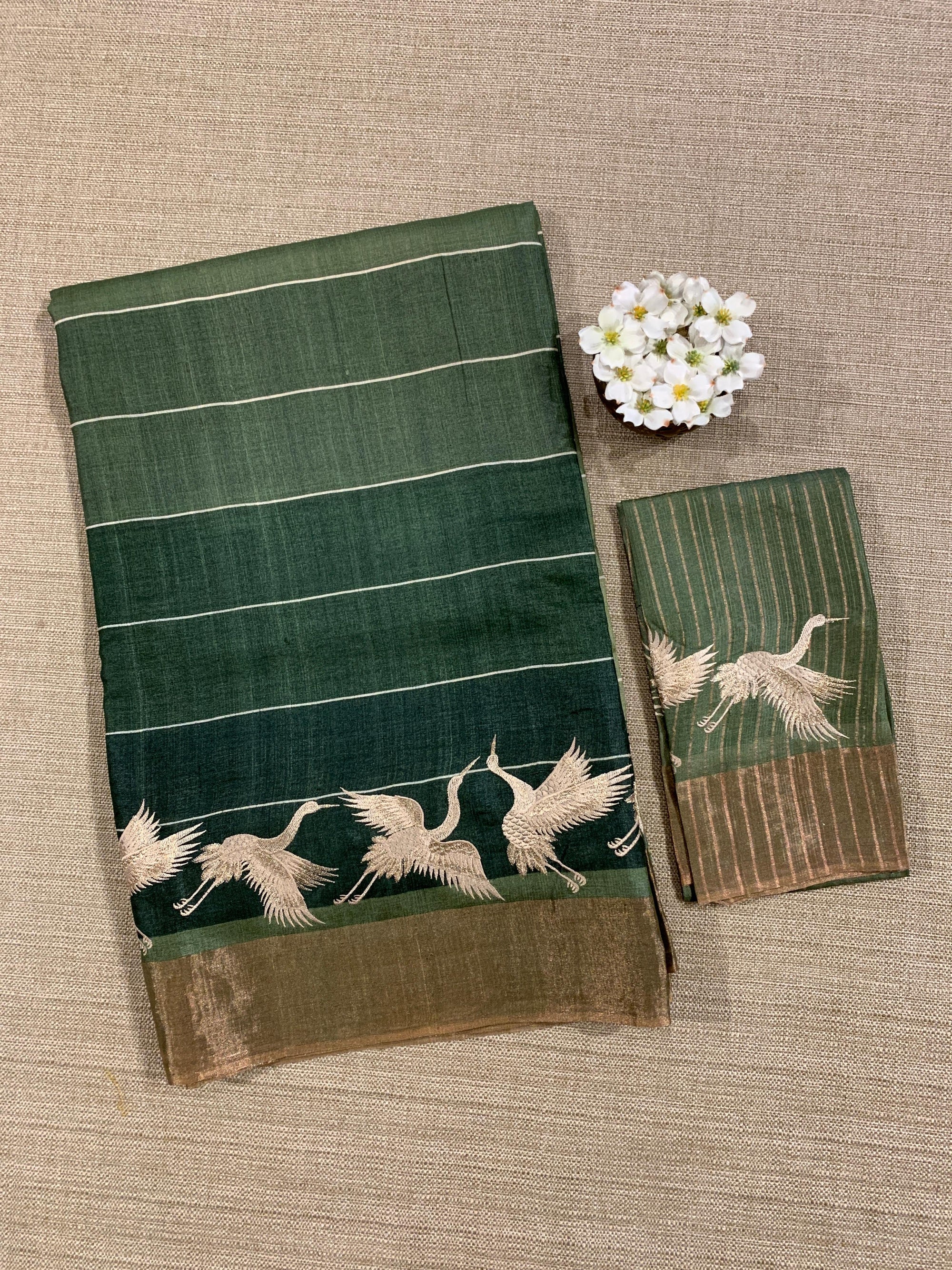 Tussar Rangkaat Saree With Crane Bird  Embroidered Border