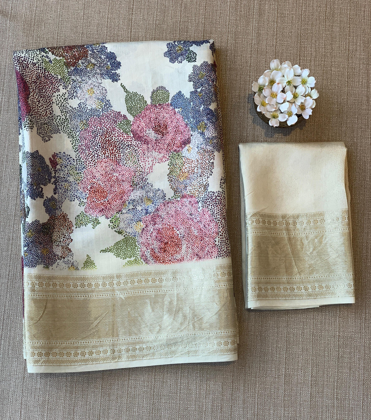 Ivory Pure Handloom Chiniya Silk Saree with stunning 3D Floral Print and zari borders