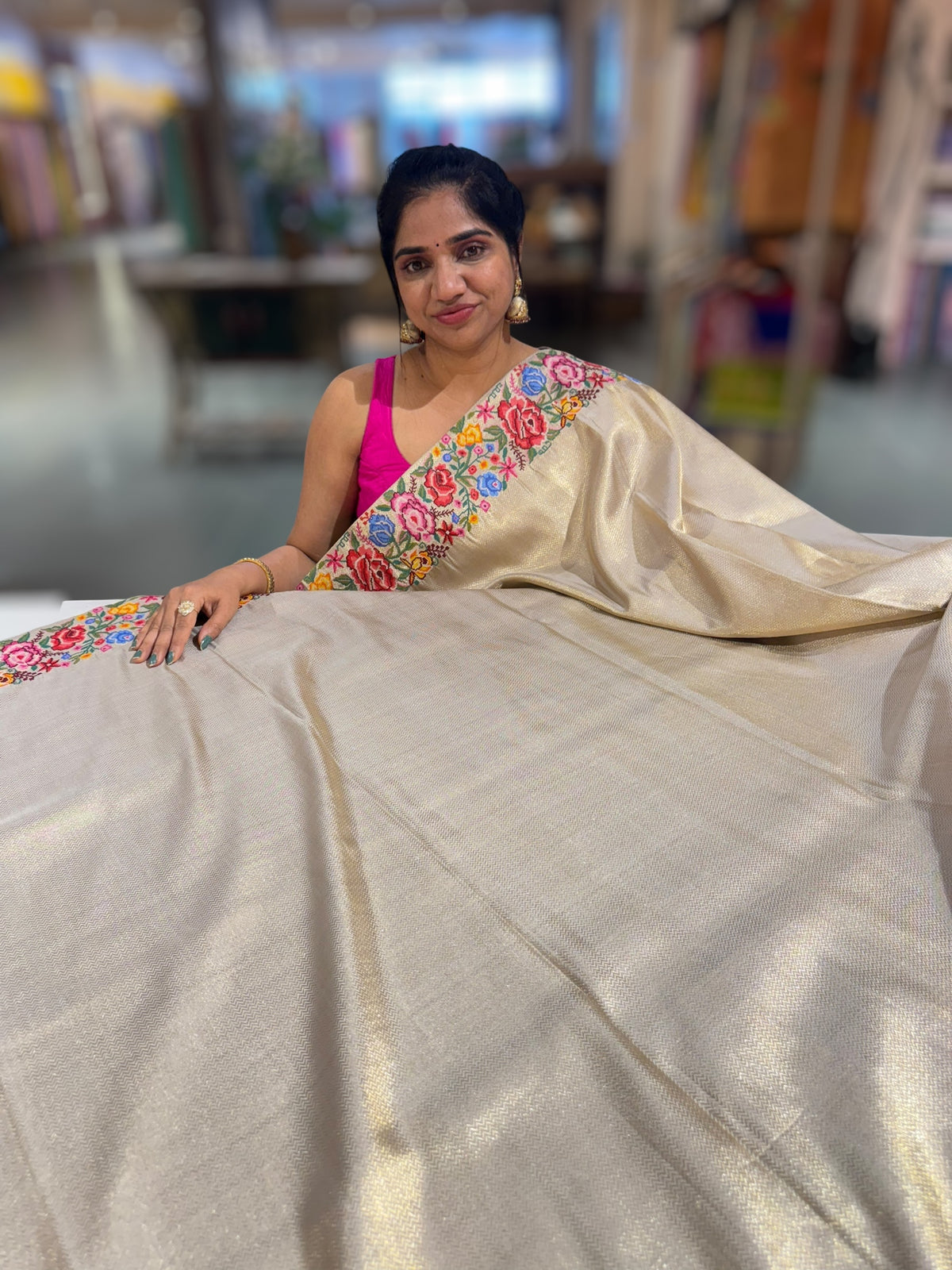 Beigish Taupe Green Kanchi Brocade Tissue Saree with Petite Point Embroidered Border