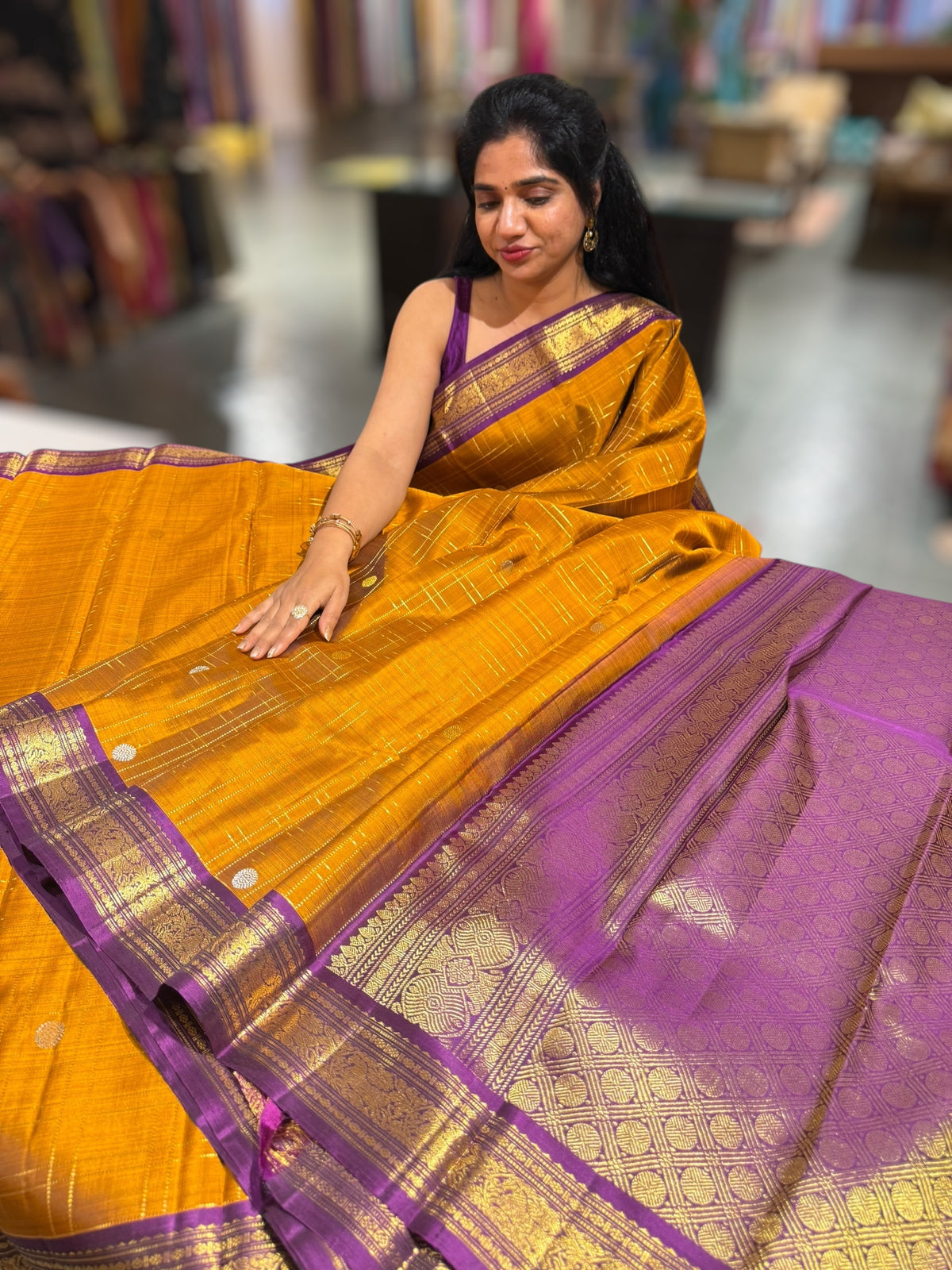 Mustard and purple Combo Kanchi Vintage Checks Saree