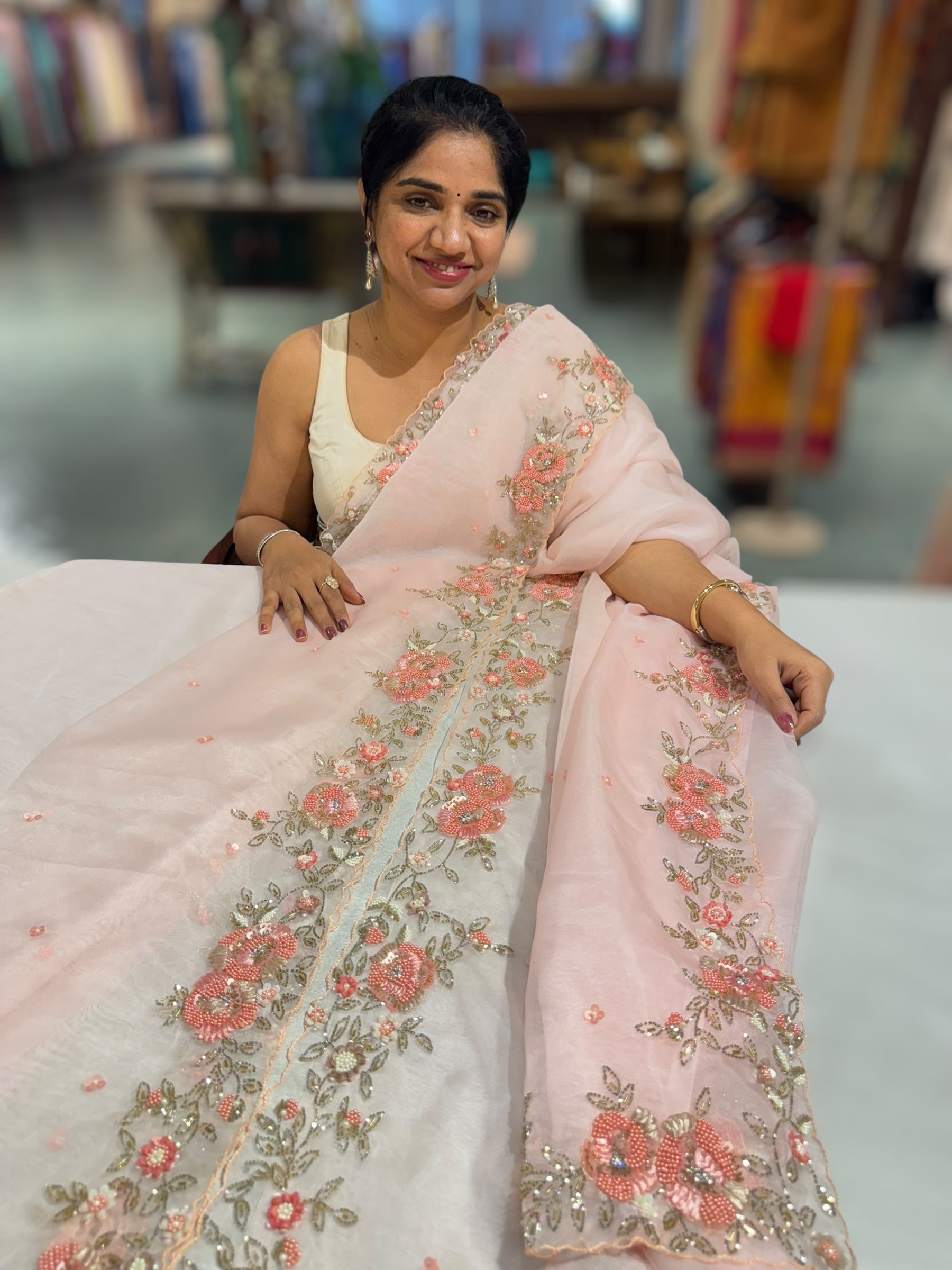 Pink Organza handwork saree with ready to wear blouse