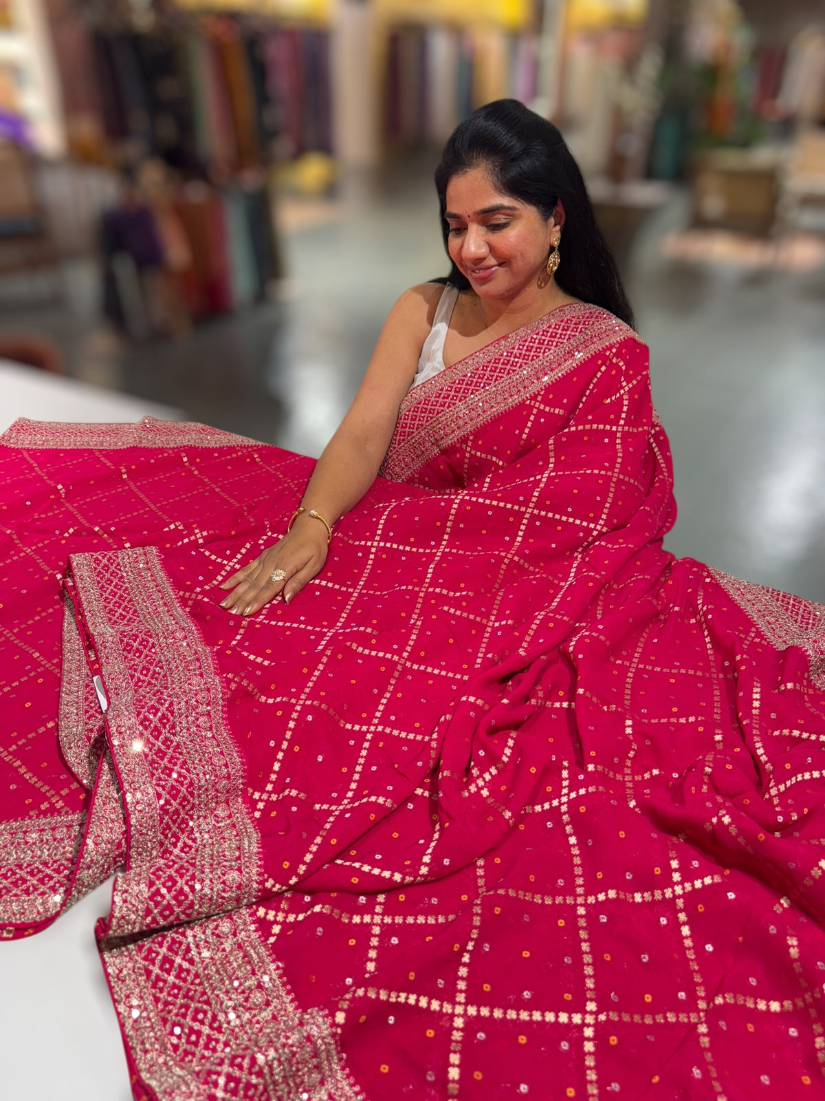 Dark Pink Fancy Banarasi Bandhini georgette saree with sabhyasachi borders and blouse