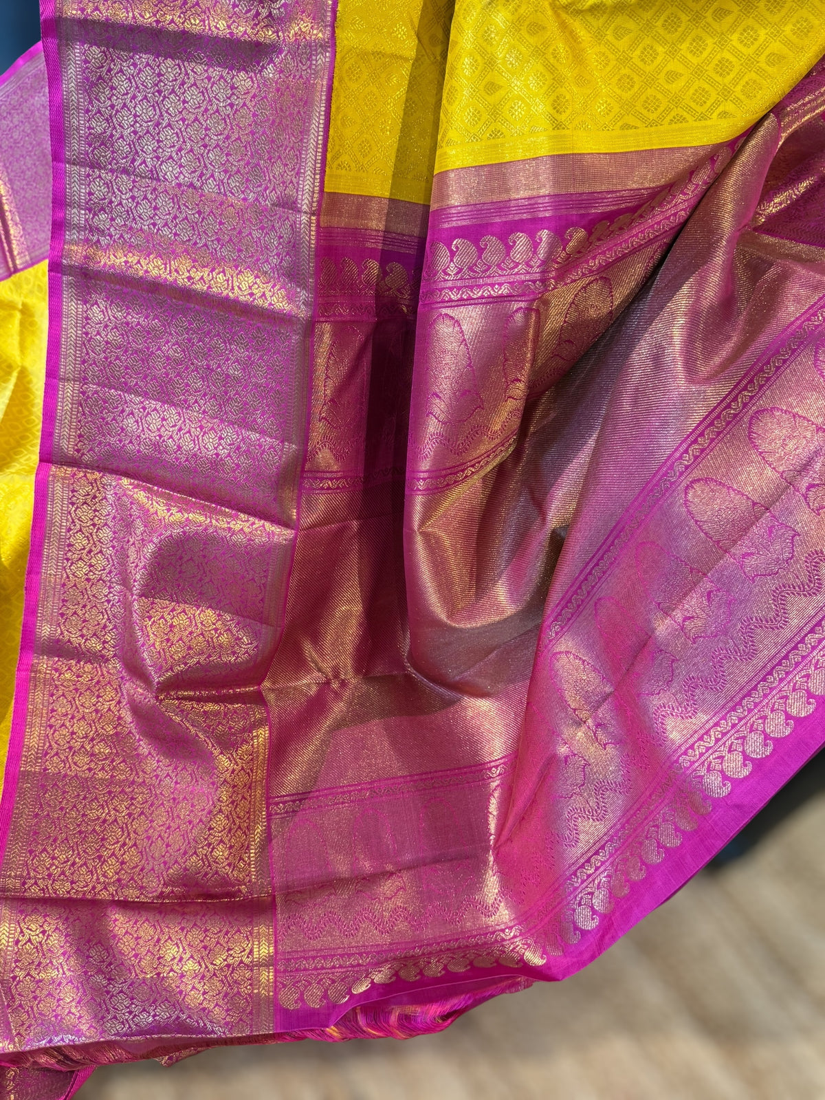 Yellow and Rani Pink Combo kanchi brocade designer kuttu border saree
