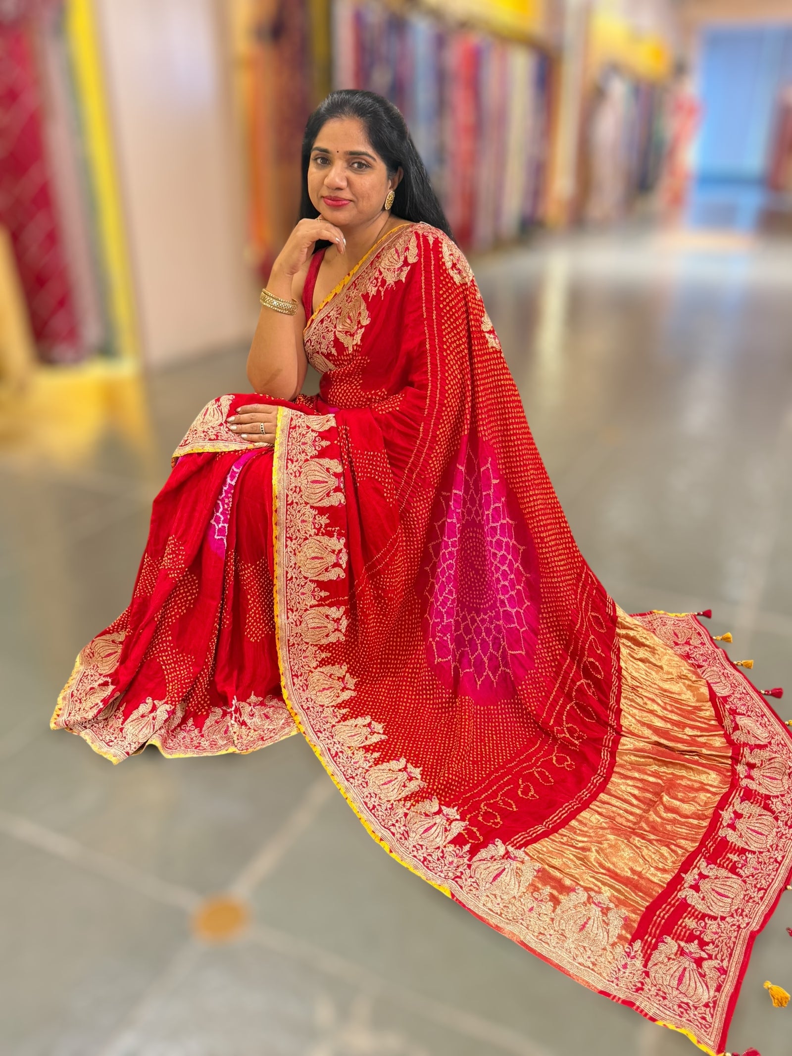 Red Rai bandhej Saree With Embroidered Border