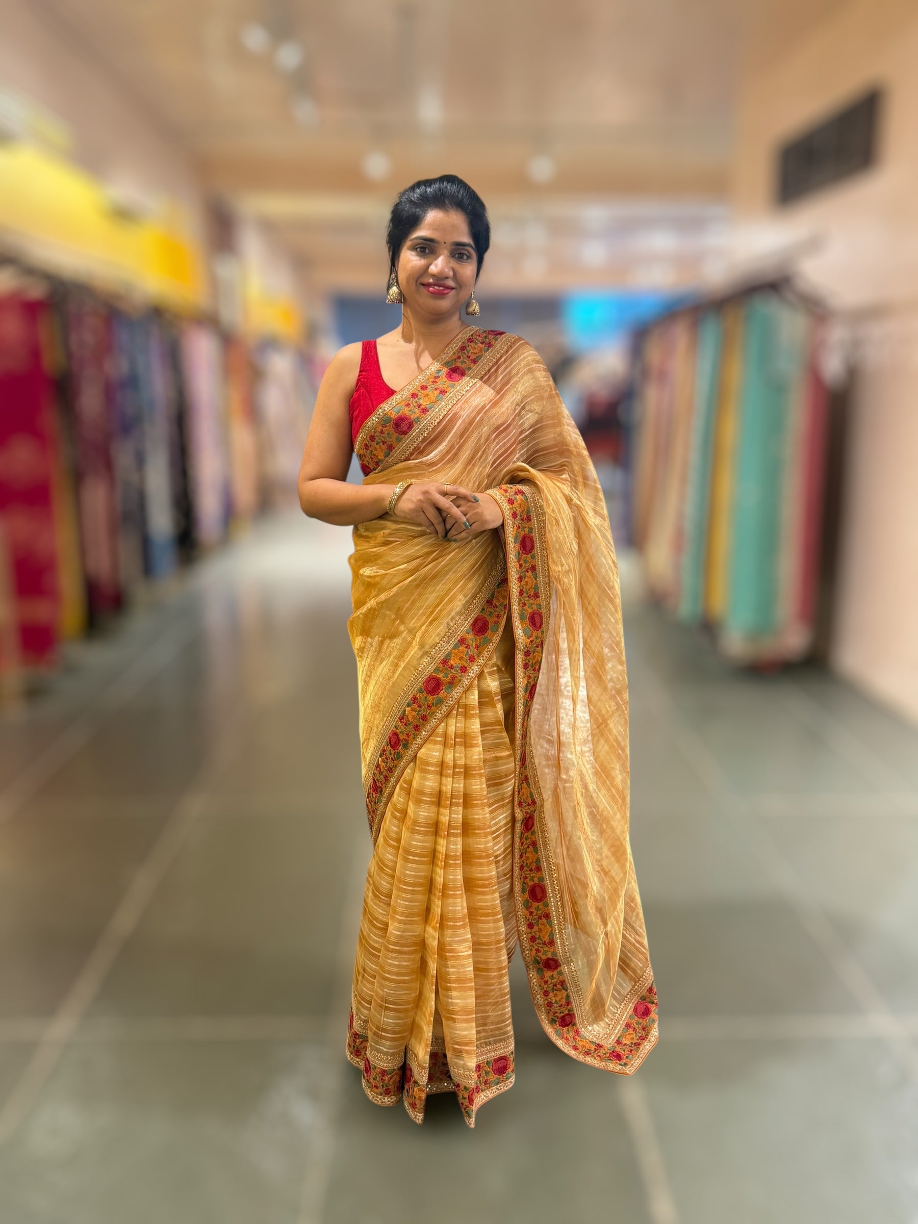 Light Orange Kora Tissue Stripes Saree with Sabhyasachi Style Embroidered Borders & Blouse