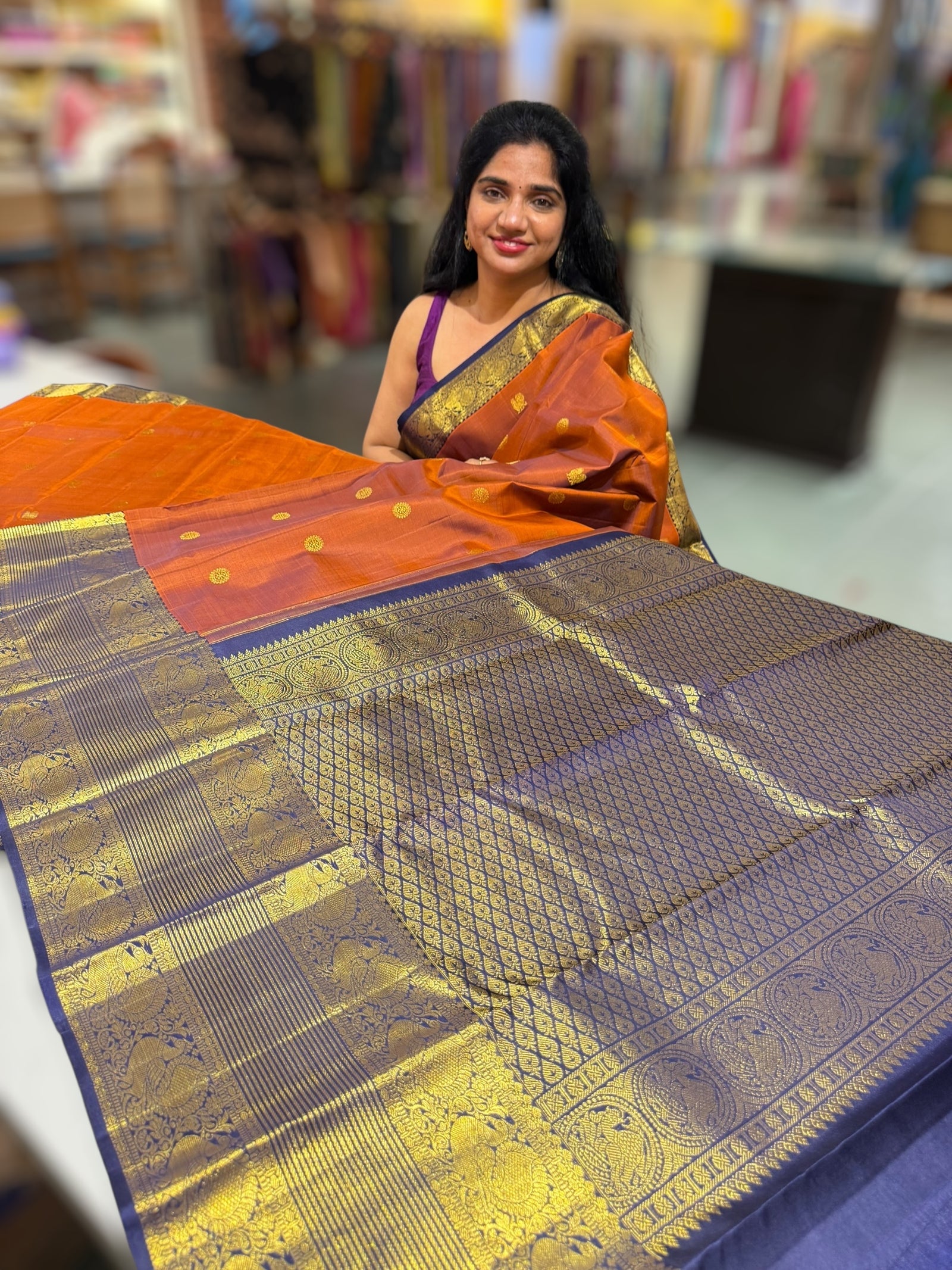 Rust Orange & Navy Blue  Combo Kanchi Vintage Checks Saree
