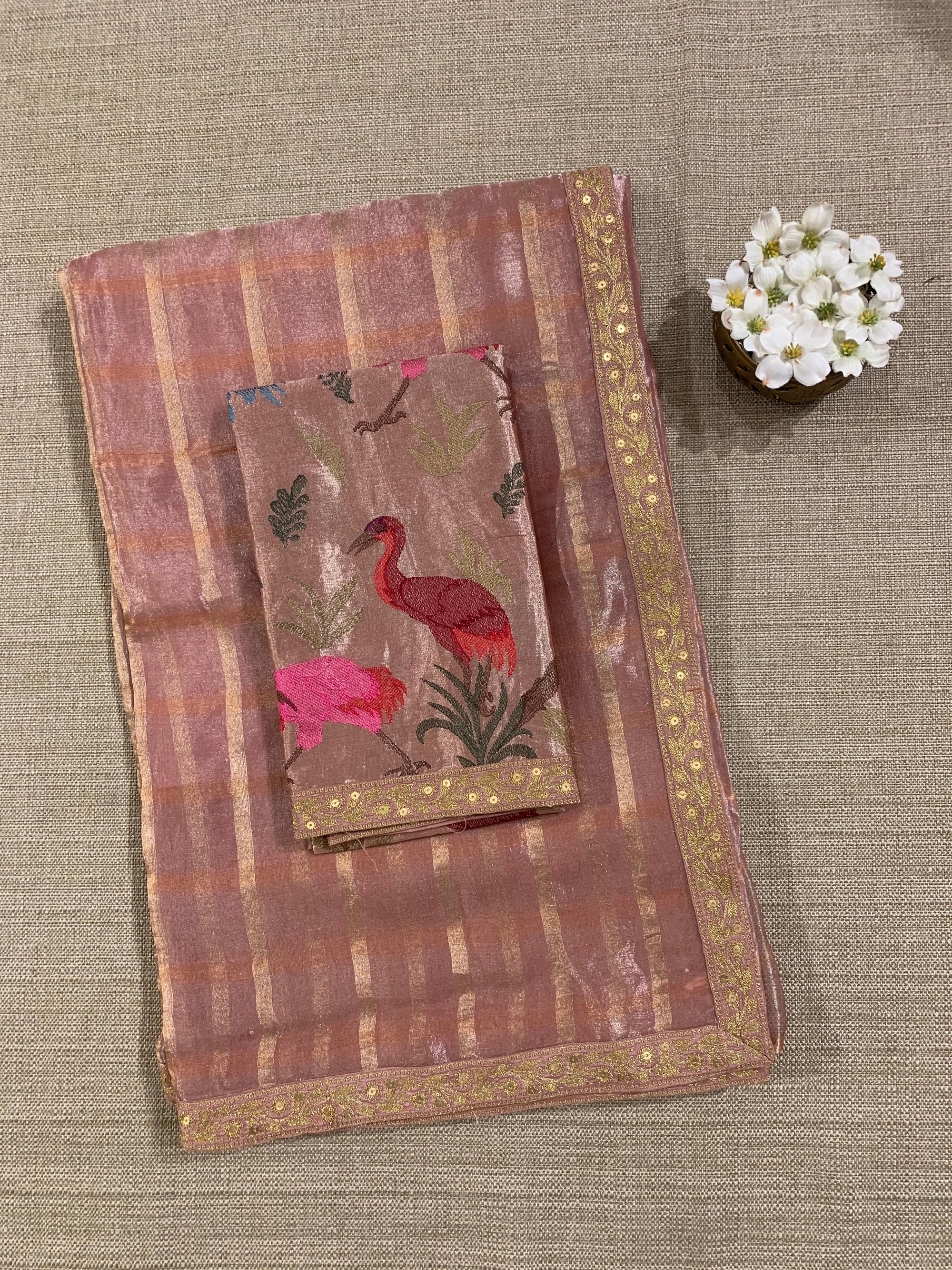 Peach Pink Banarasi Tissue checks Saree with Sabyasachi Borders