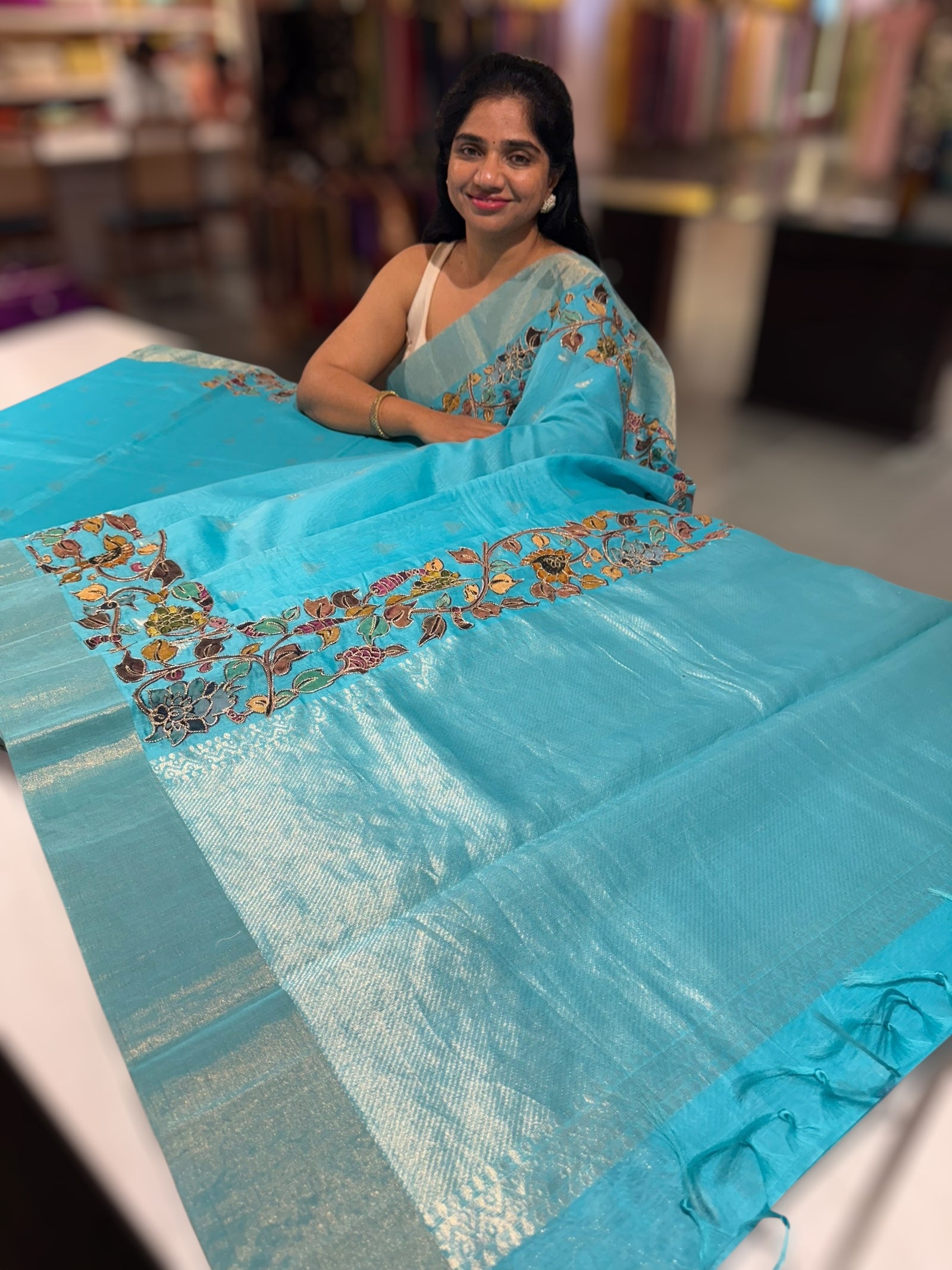 Teal Blue chanderi silk cotton saree with kalamkari applique border