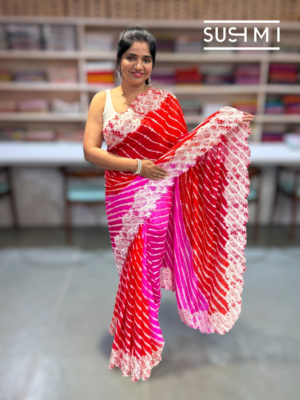 Orange and Pink Ombre dyed habutai satin Silk lehariya Saree S62F063