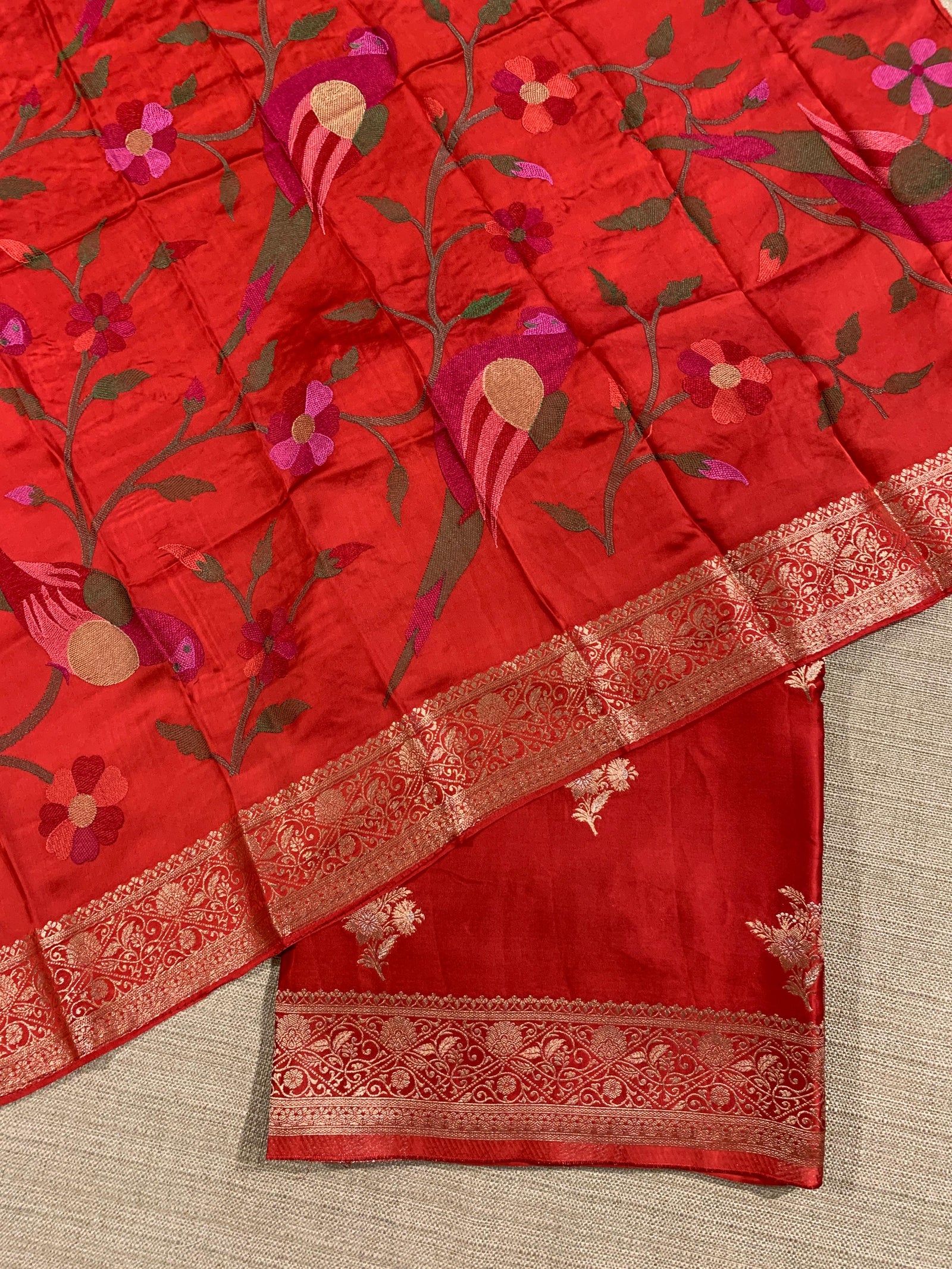 Red Mashru Silk Saree with Paithani inspired embroidered blouse