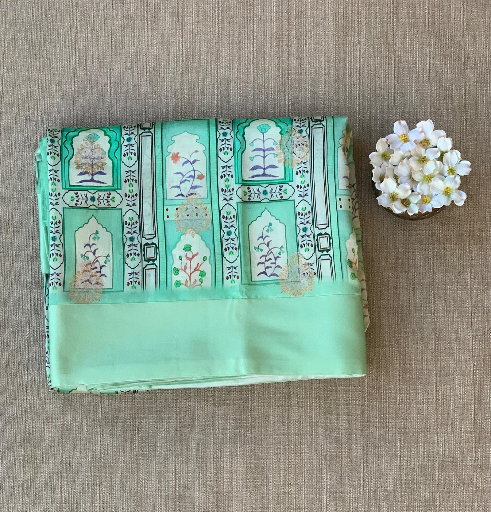 Mint Green Soft Silk Saree with patola style print and mashru borders