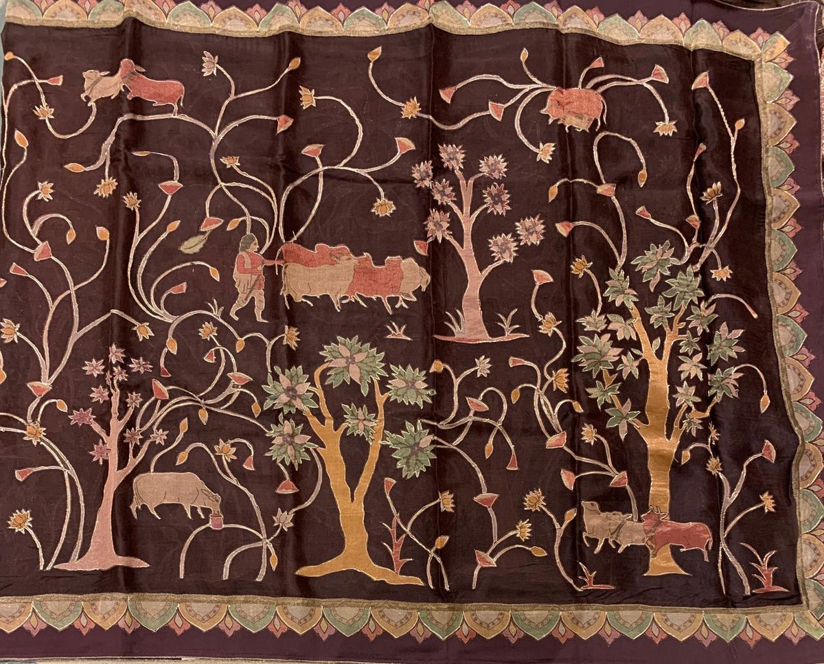 Brown Designer Organza Saree with Stunning Tissue Applique work Saree with Village theme