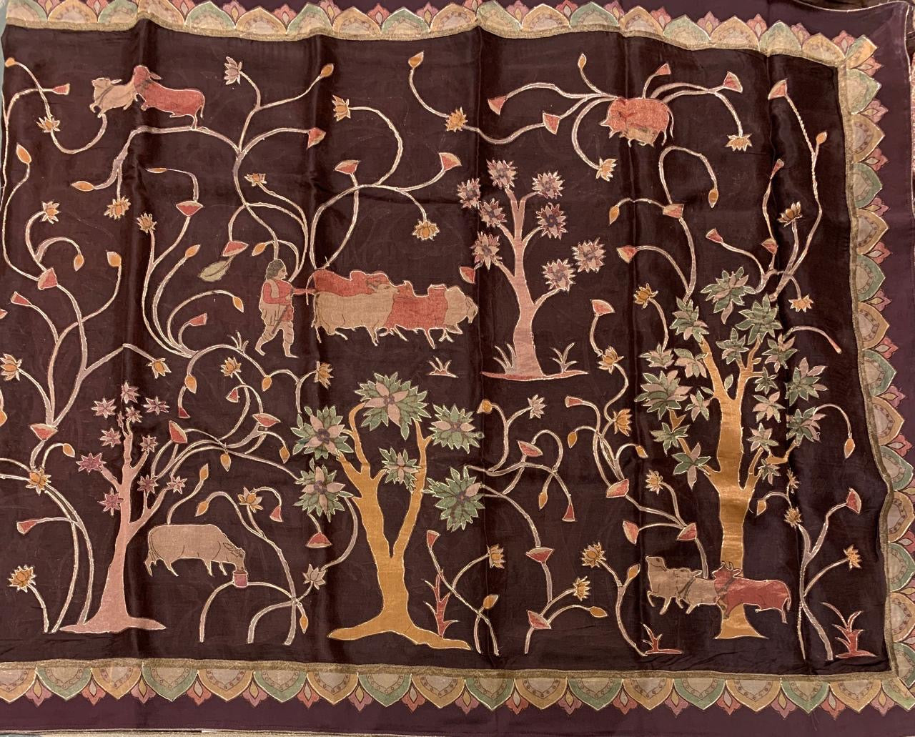 Brown Designer Organza Saree with Stunning Tissue Applique work Saree with Village theme