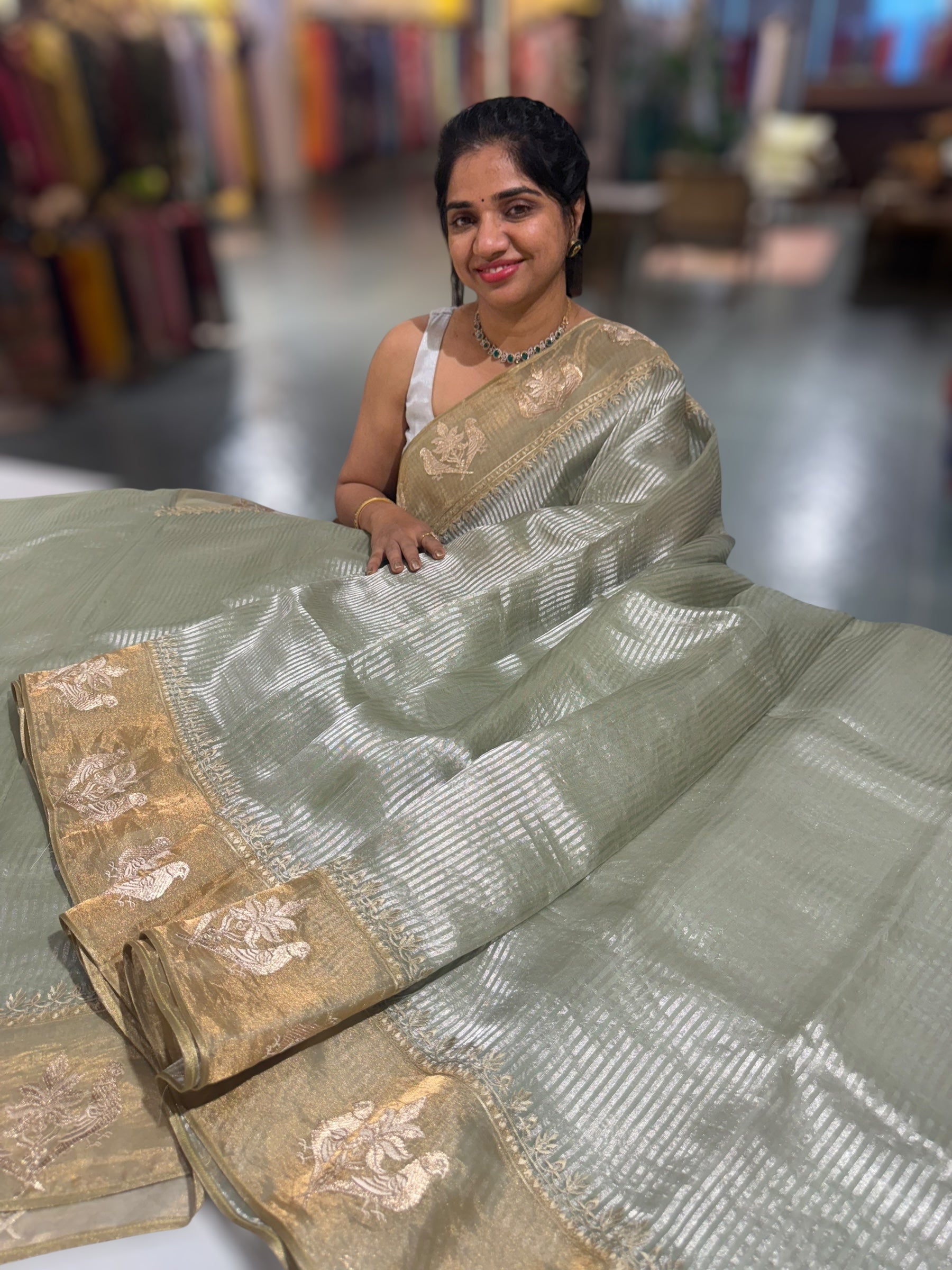 Mint Kora tissue silver stripes Saree with double parrot  embroidered tissue border
