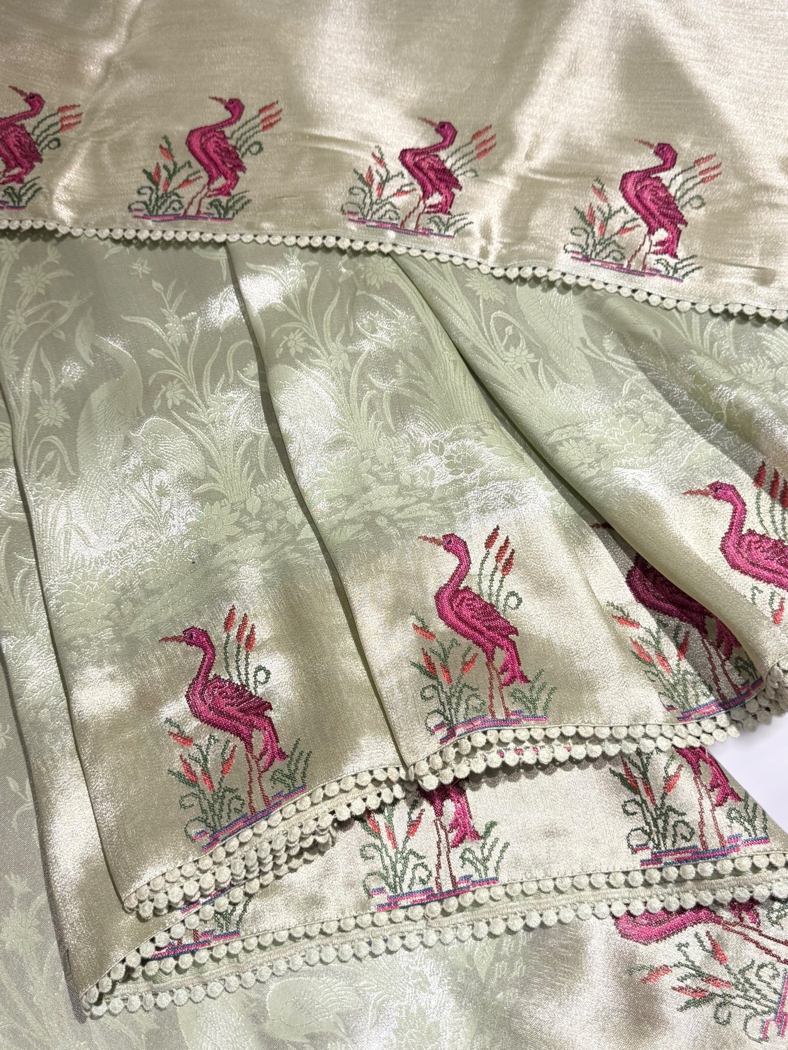 Mint Green Banarasi Brocade tissue saree with tonchui style weaving & petite point embroidered swan border